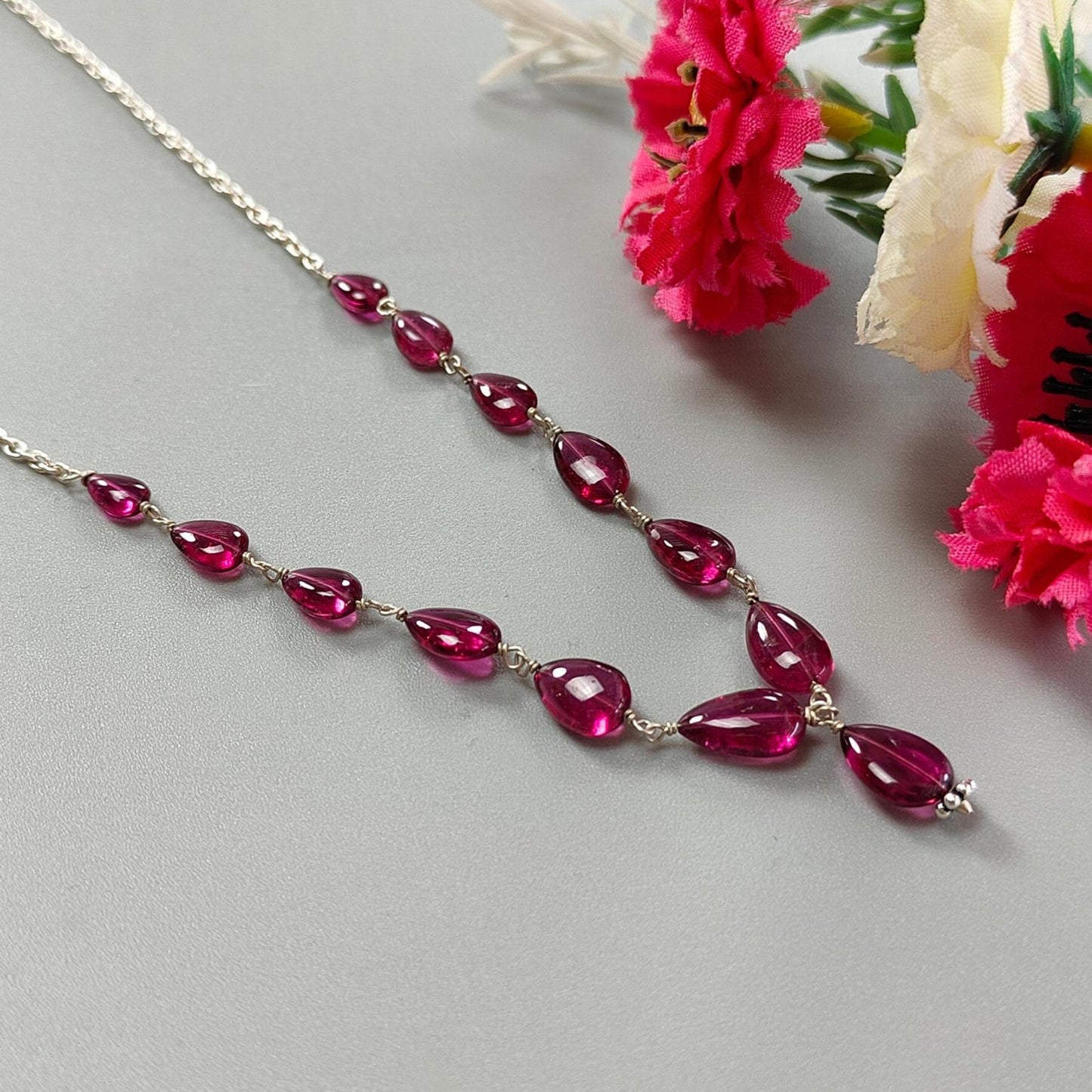 Rubellite Tourmaline Necklace: 34.35cts Natural Untreated Pink Tourmaline 925 Sterling Silver Plain Pear 6*5mm - 9*7mm 20"