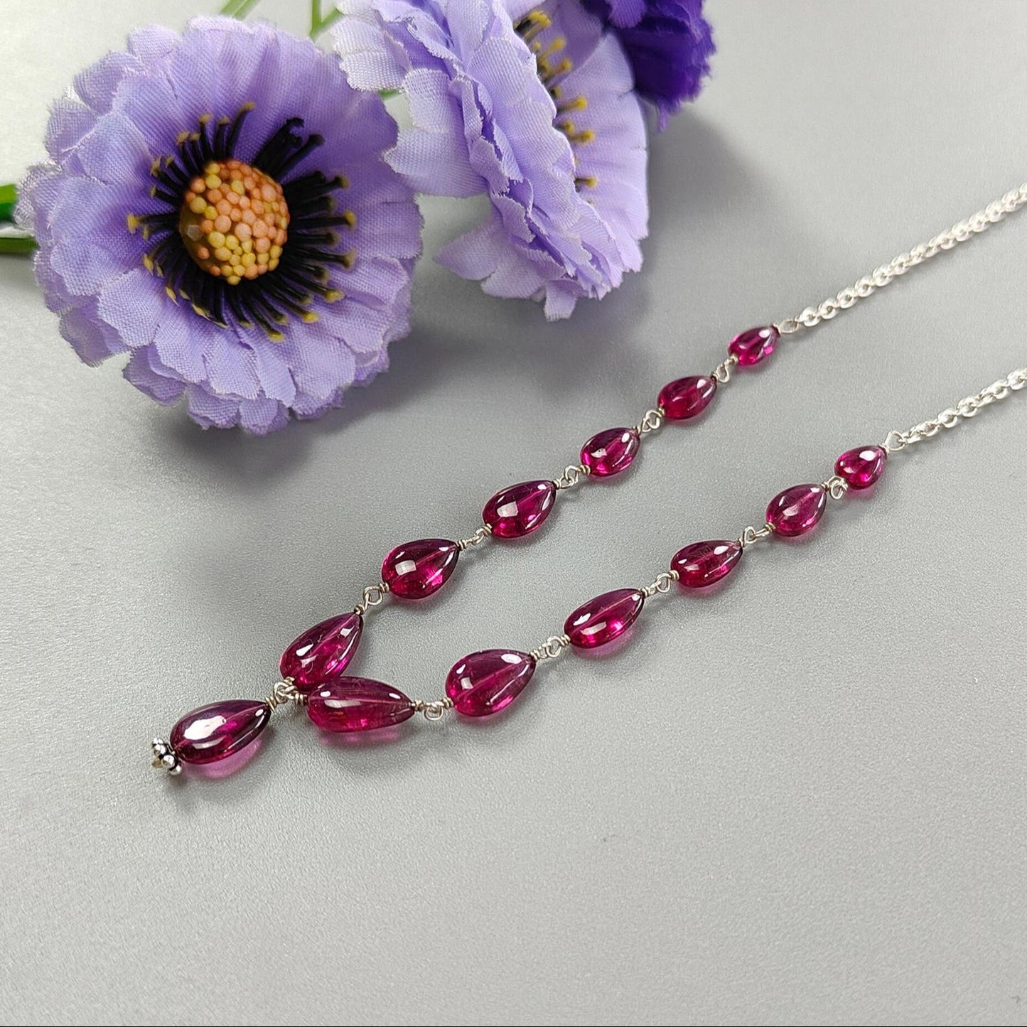 Rubellite Tourmaline Necklace: 34.35cts Natural Untreated Pink Tourmaline 925 Sterling Silver Plain Pear 6*5mm - 9*7mm 20"