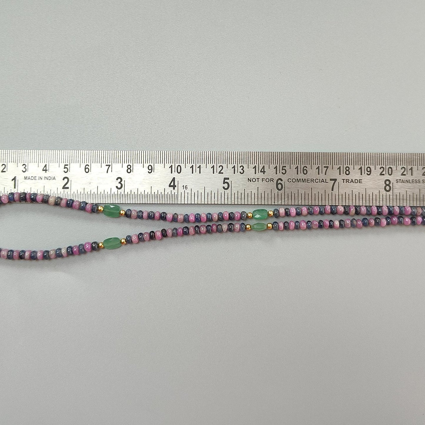 Zoisite Ruby Blue Sapphire Gemstone Beads Necklace: 18.02gms Natural Ruby, Green Quartzite Gemstone Plain Rondelle Brass Necklace 4mm 18"