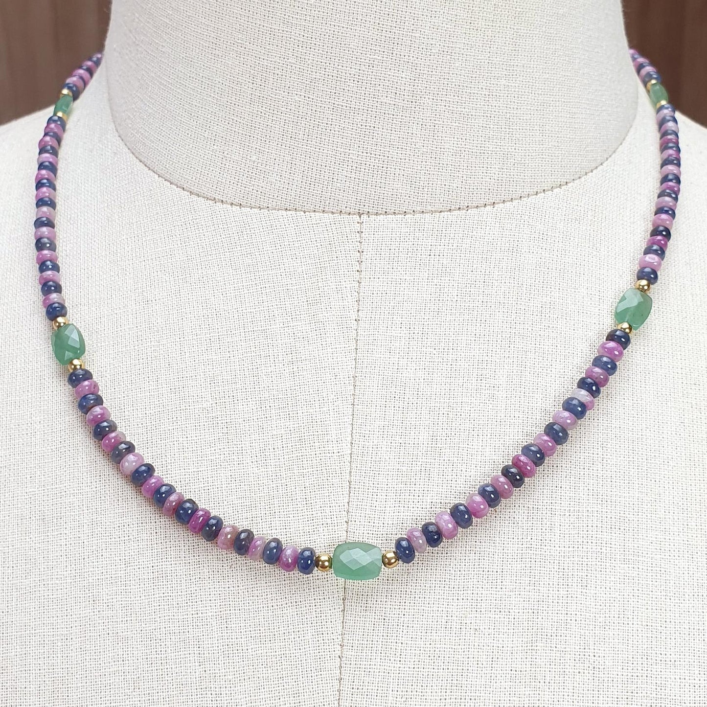 Zoisite Ruby Blue Sapphire Gemstone Beads Necklace: 18.02gms Natural Ruby, Green Quartzite Gemstone Plain Rondelle Brass Necklace 4mm 18"
