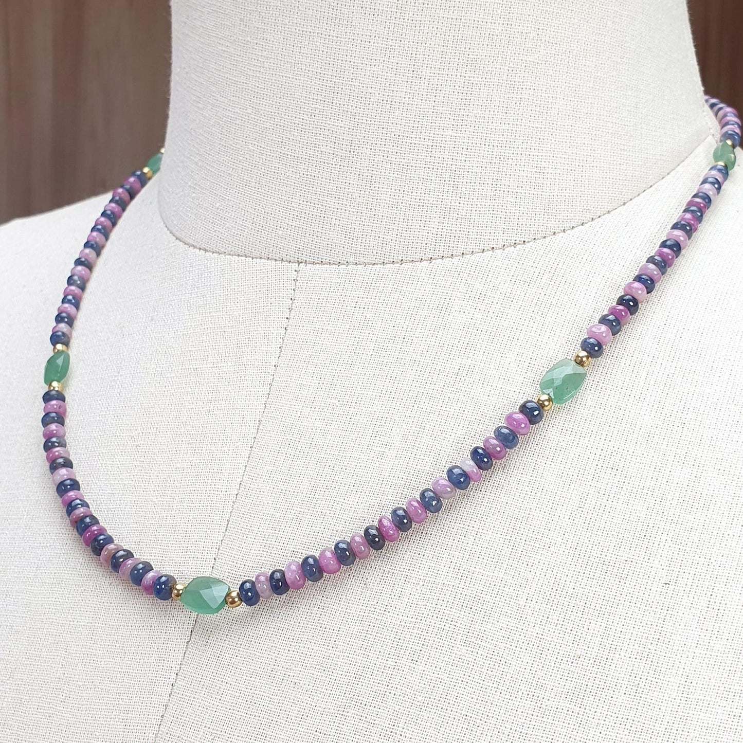 Zoisite Ruby Blue Sapphire Gemstone Beads Necklace: 18.02gms Natural Ruby, Green Quartzite Gemstone Plain Rondelle Brass Necklace 4mm 18"