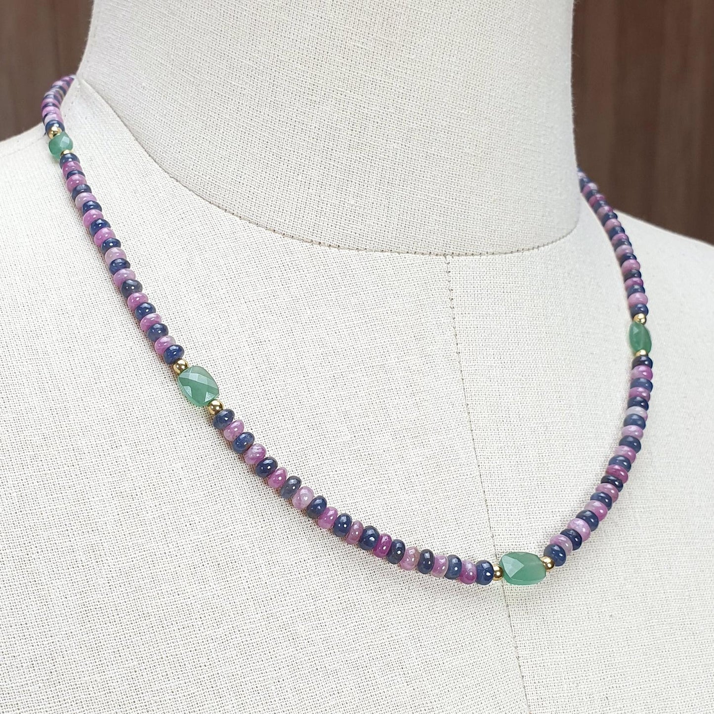 Zoisite Ruby Blue Sapphire Gemstone Beads Necklace: 18.02gms Natural Ruby, Green Quartzite Gemstone Plain Rondelle Brass Necklace 4mm 18"