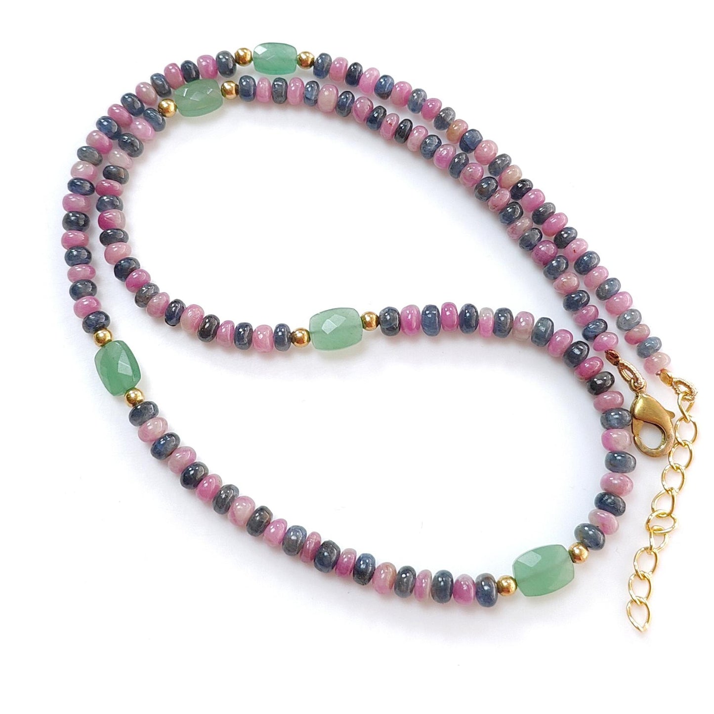 Zoisite Ruby Blue Sapphire Gemstone Beads Necklace: 18.02gms Natural Ruby, Green Quartzite Gemstone Plain Rondelle Brass Necklace 4mm 18"