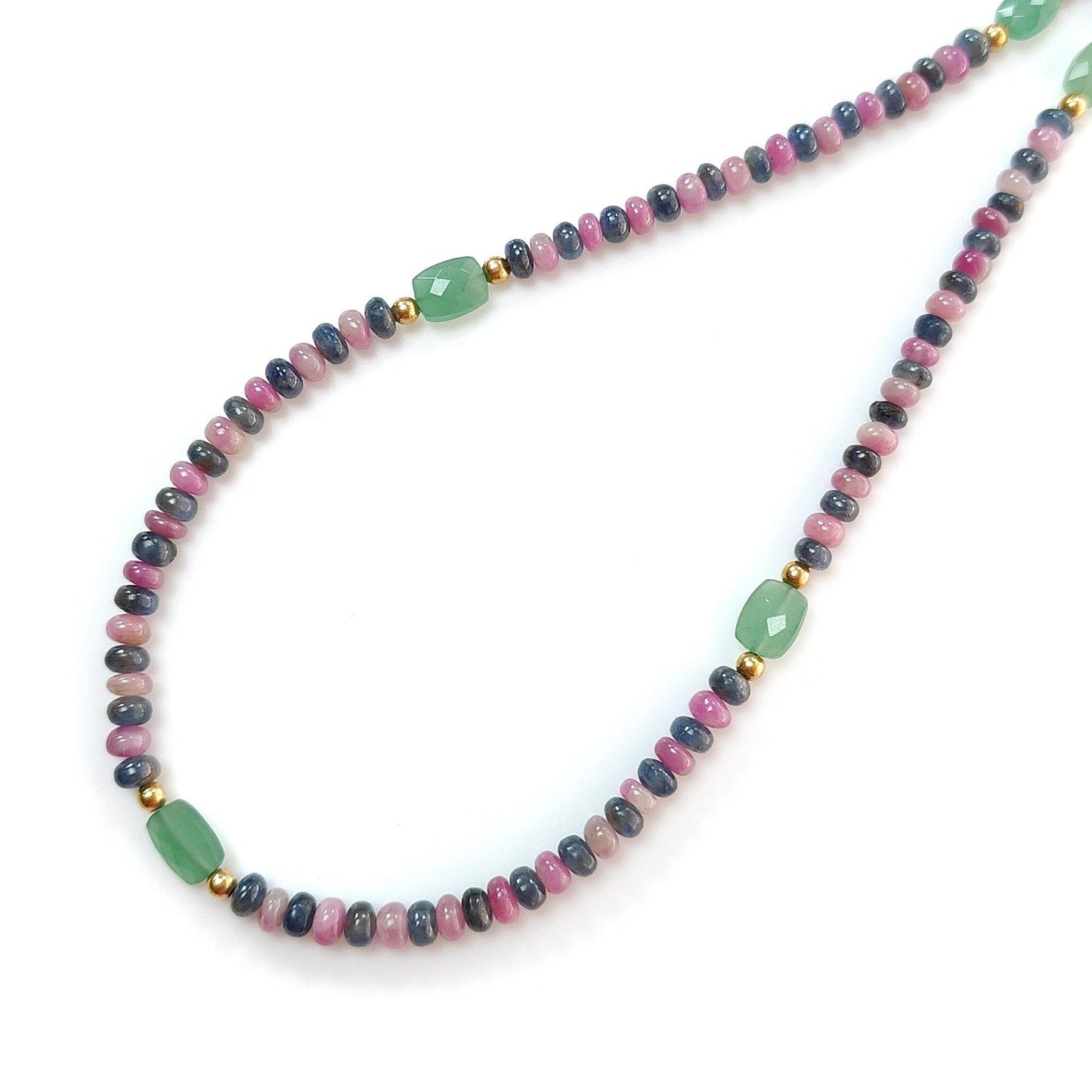 Zoisite Ruby Blue Sapphire Gemstone Beads Necklace: 18.02gms Natural Ruby, Green Quartzite Gemstone Plain Rondelle Brass Necklace 4mm 18"
