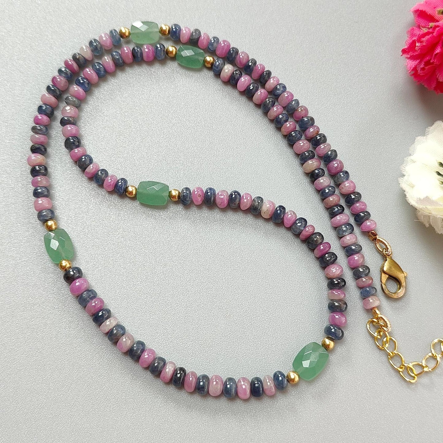 Zoisite Ruby Blue Sapphire Gemstone Beads Necklace: 18.02gms Natural Ruby, Green Quartzite Gemstone Plain Rondelle Brass Necklace 4mm 18"