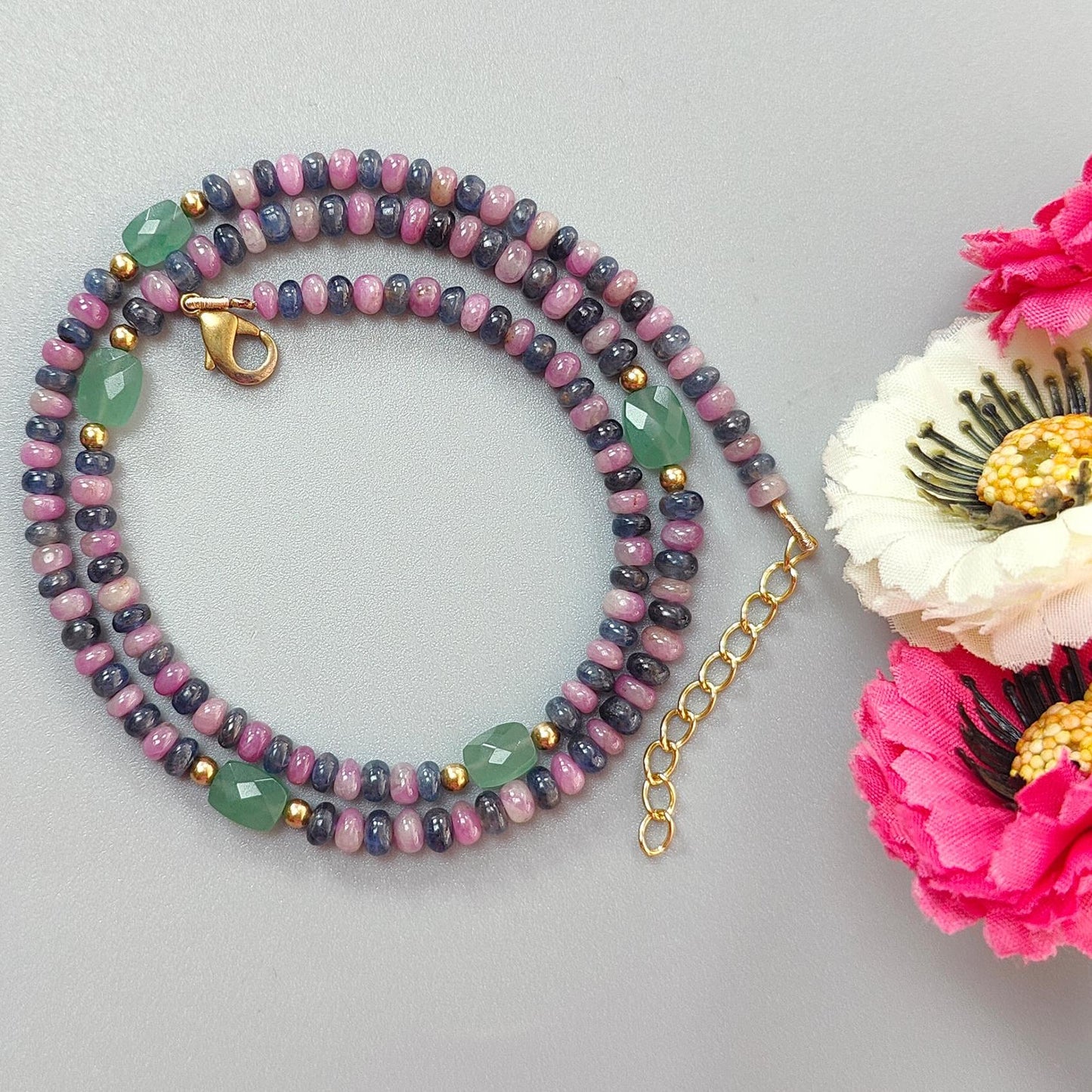 Zoisite Ruby Blue Sapphire Gemstone Beads Necklace: 18.02gms Natural Ruby, Green Quartzite Gemstone Plain Rondelle Brass Necklace 4mm 18"