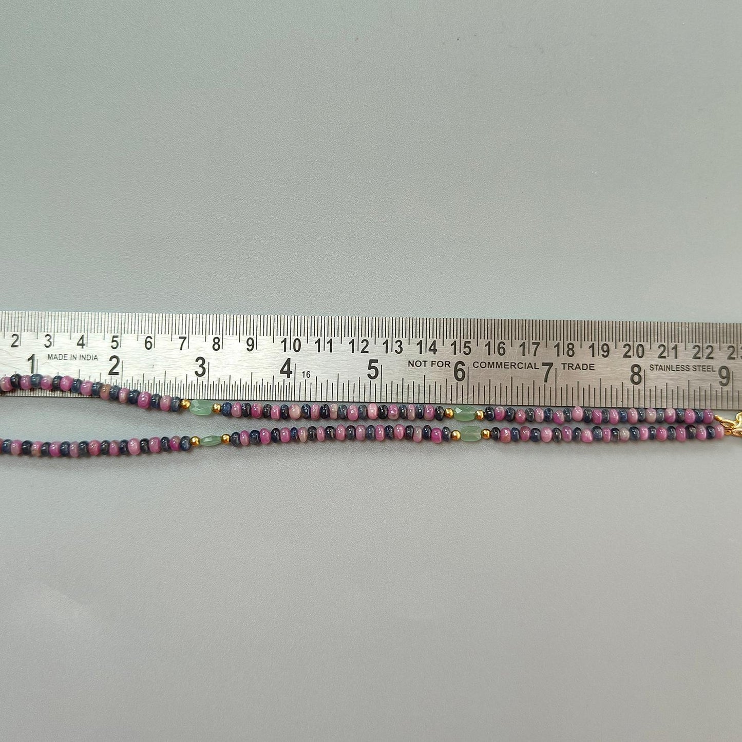 Ruby & Blue Sapphire Gemstone Beads Necklace: 18.71gms Natural Ruby, Green Quartzite Plain Rondelle Brass Necklace 3.5mm - 4mm 18"