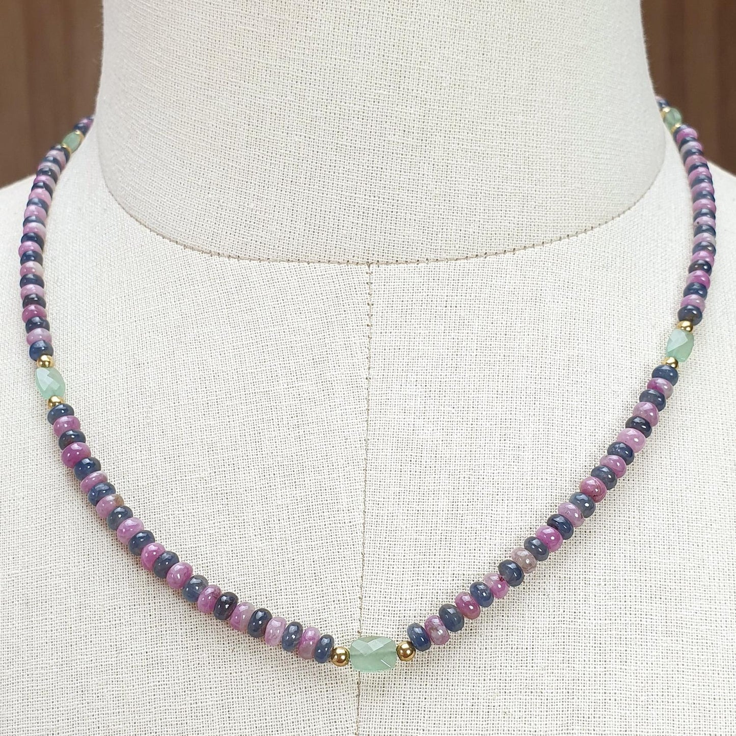 Ruby & Blue Sapphire Gemstone Beads Necklace: 18.71gms Natural Ruby, Green Quartzite Plain Rondelle Brass Necklace 3.5mm - 4mm 18"