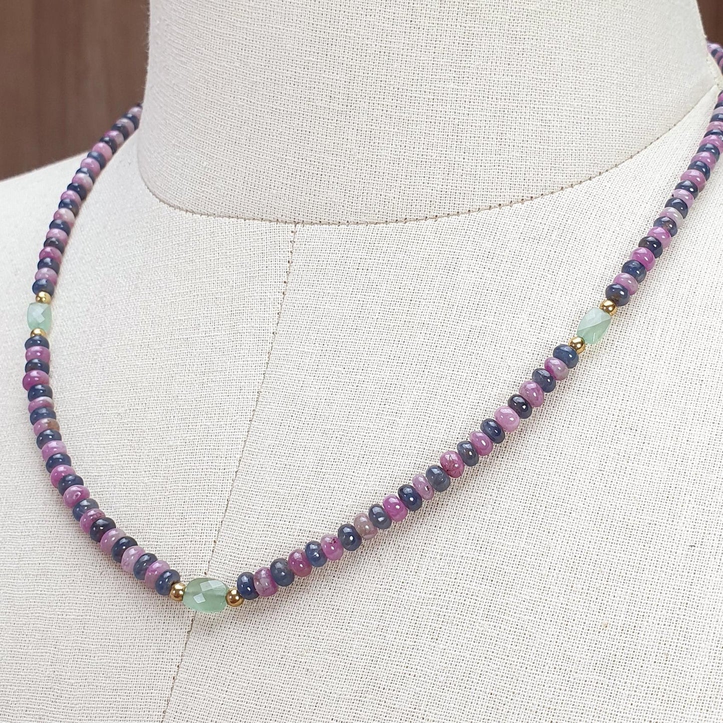 Ruby & Blue Sapphire Gemstone Beads Necklace: 18.71gms Natural Ruby, Green Quartzite Plain Rondelle Brass Necklace 3.5mm - 4mm 18"