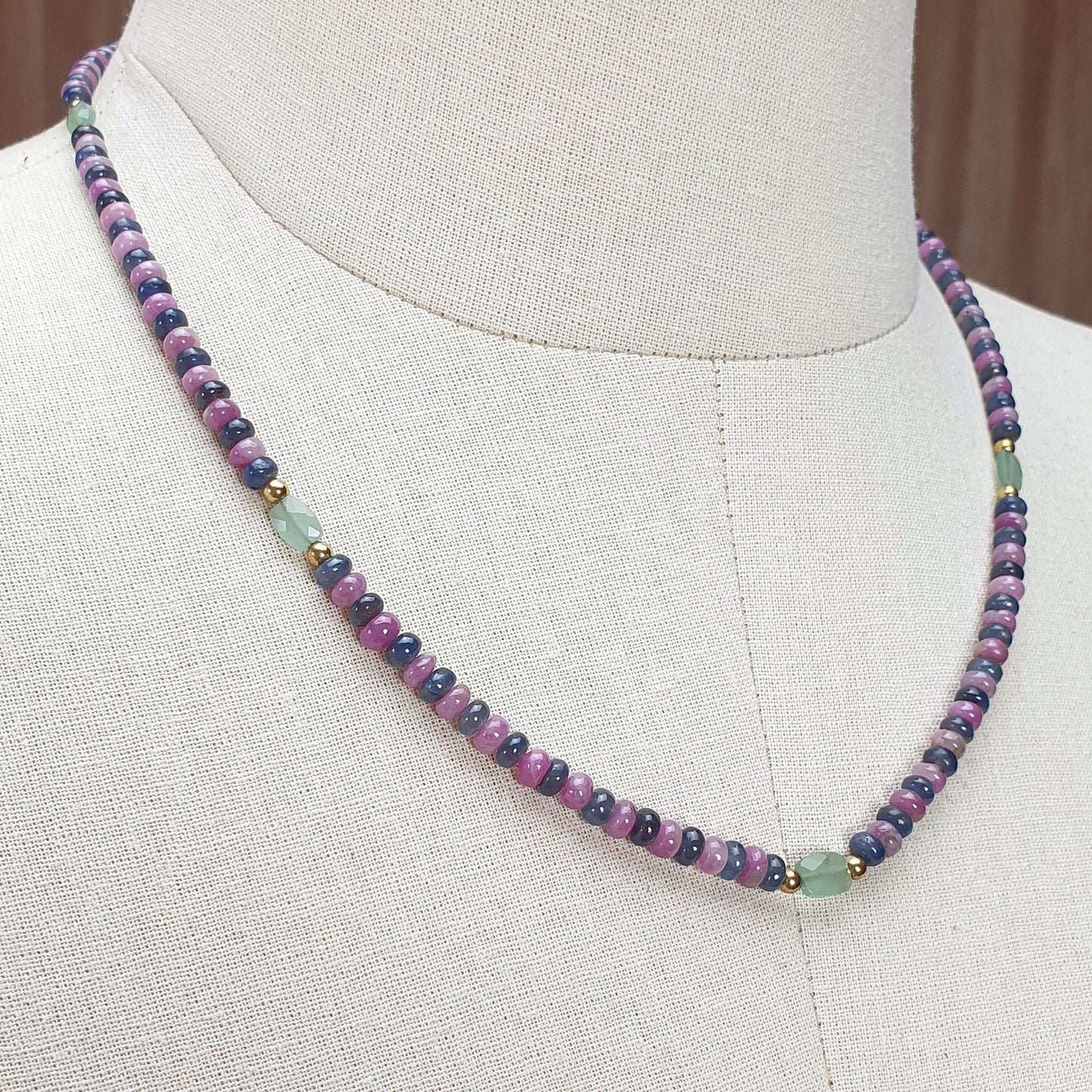 Ruby & Blue Sapphire Gemstone Beads Necklace: 18.71gms Natural Ruby, Green Quartzite Plain Rondelle Brass Necklace 3.5mm - 4mm 18"