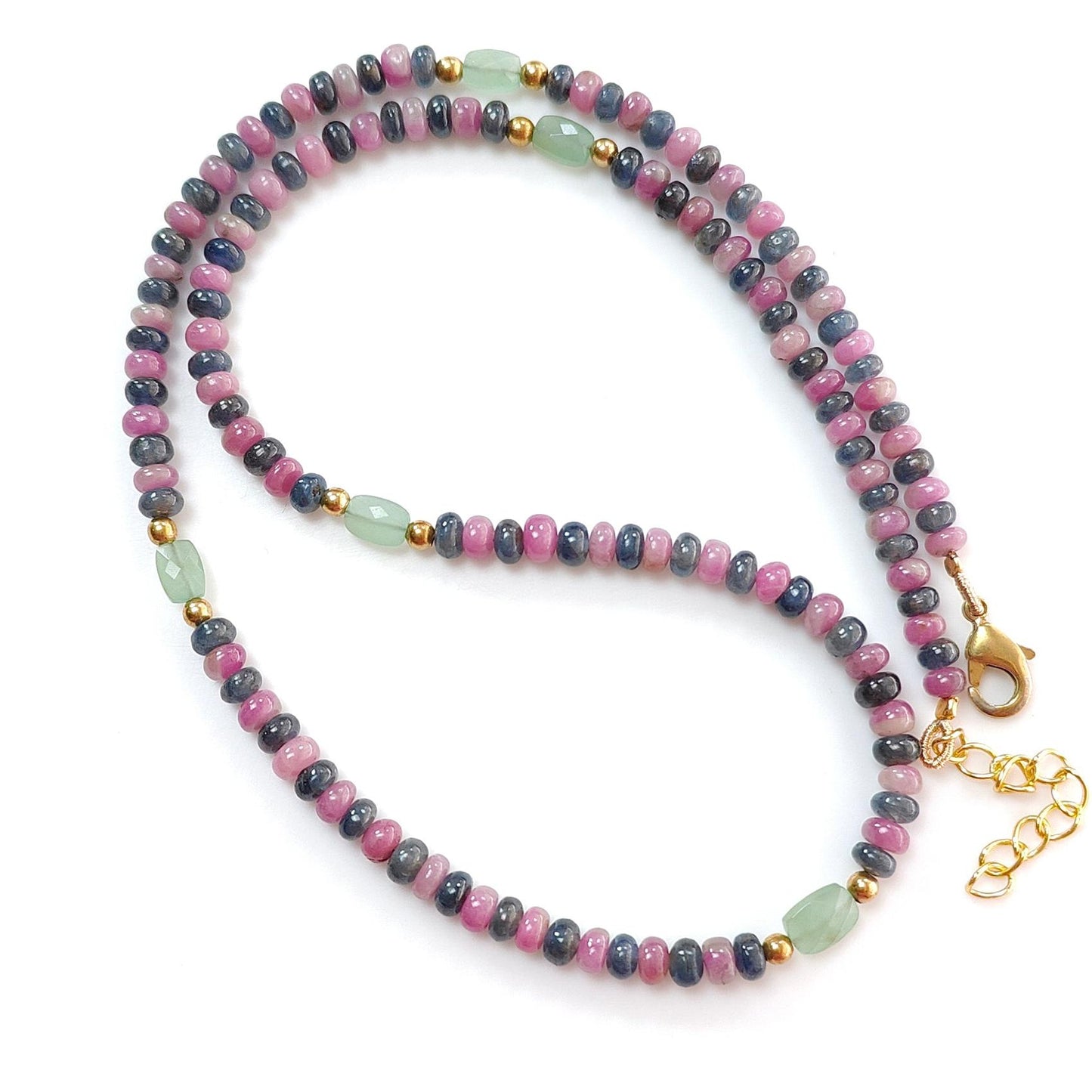Ruby & Blue Sapphire Gemstone Beads Necklace: 18.71gms Natural Ruby, Green Quartzite Plain Rondelle Brass Necklace 3.5mm - 4mm 18"