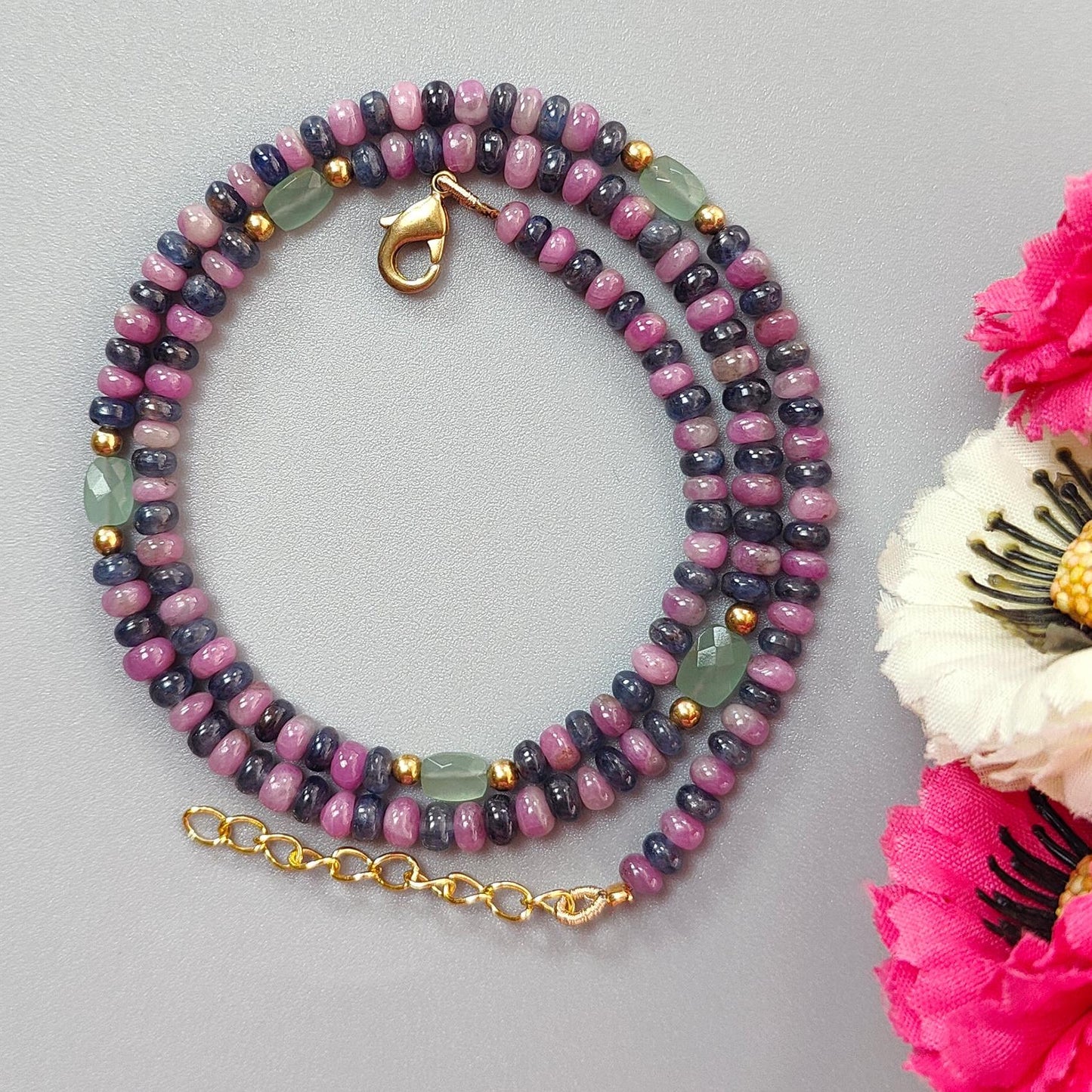 Ruby & Blue Sapphire Gemstone Beads Necklace: 18.71gms Natural Ruby, Green Quartzite Plain Rondelle Brass Necklace 3.5mm - 4mm 18"