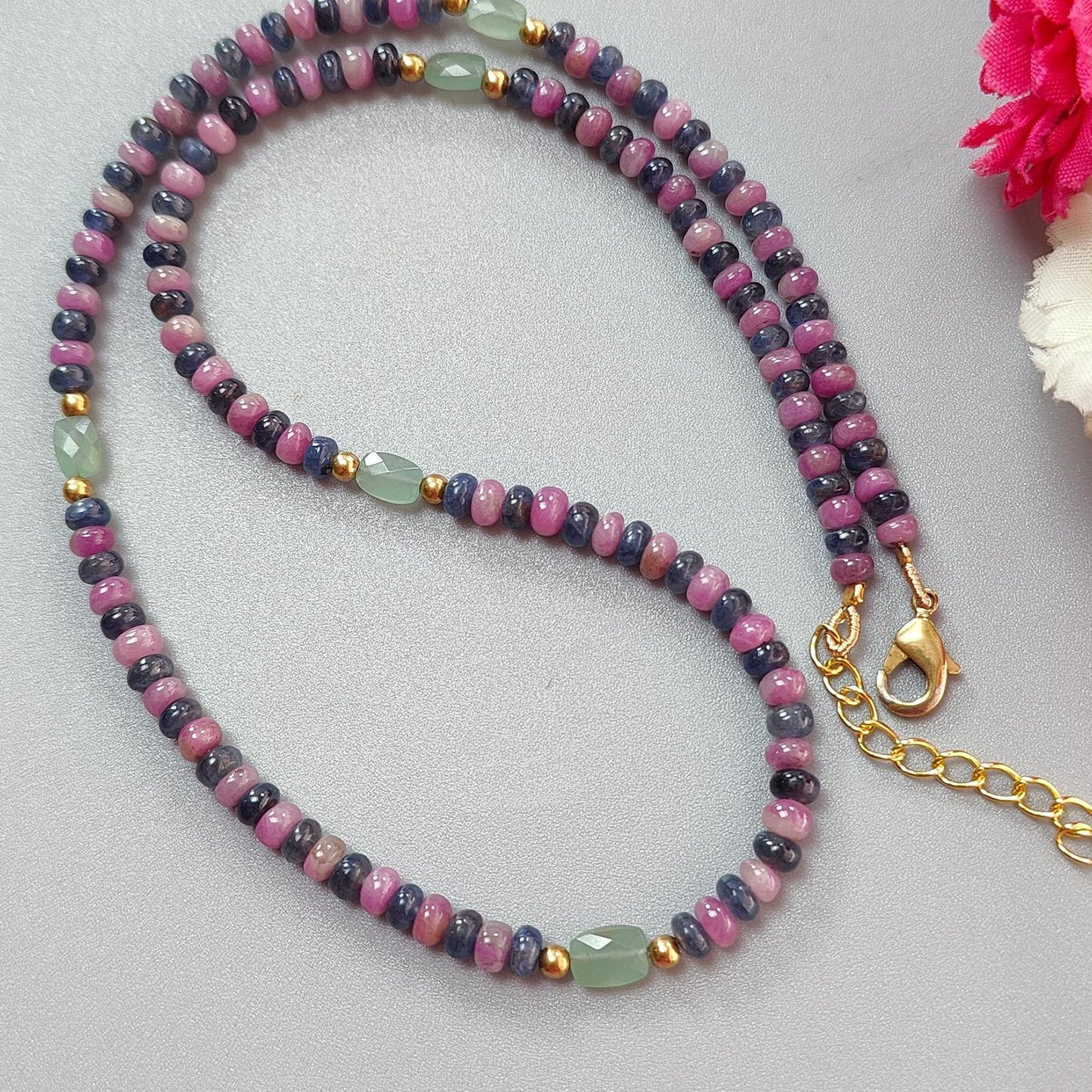Ruby & Blue Sapphire Gemstone Beads Necklace: 18.71gms Natural Ruby, Green Quartzite Plain Rondelle Brass Necklace 3.5mm - 4mm 18"