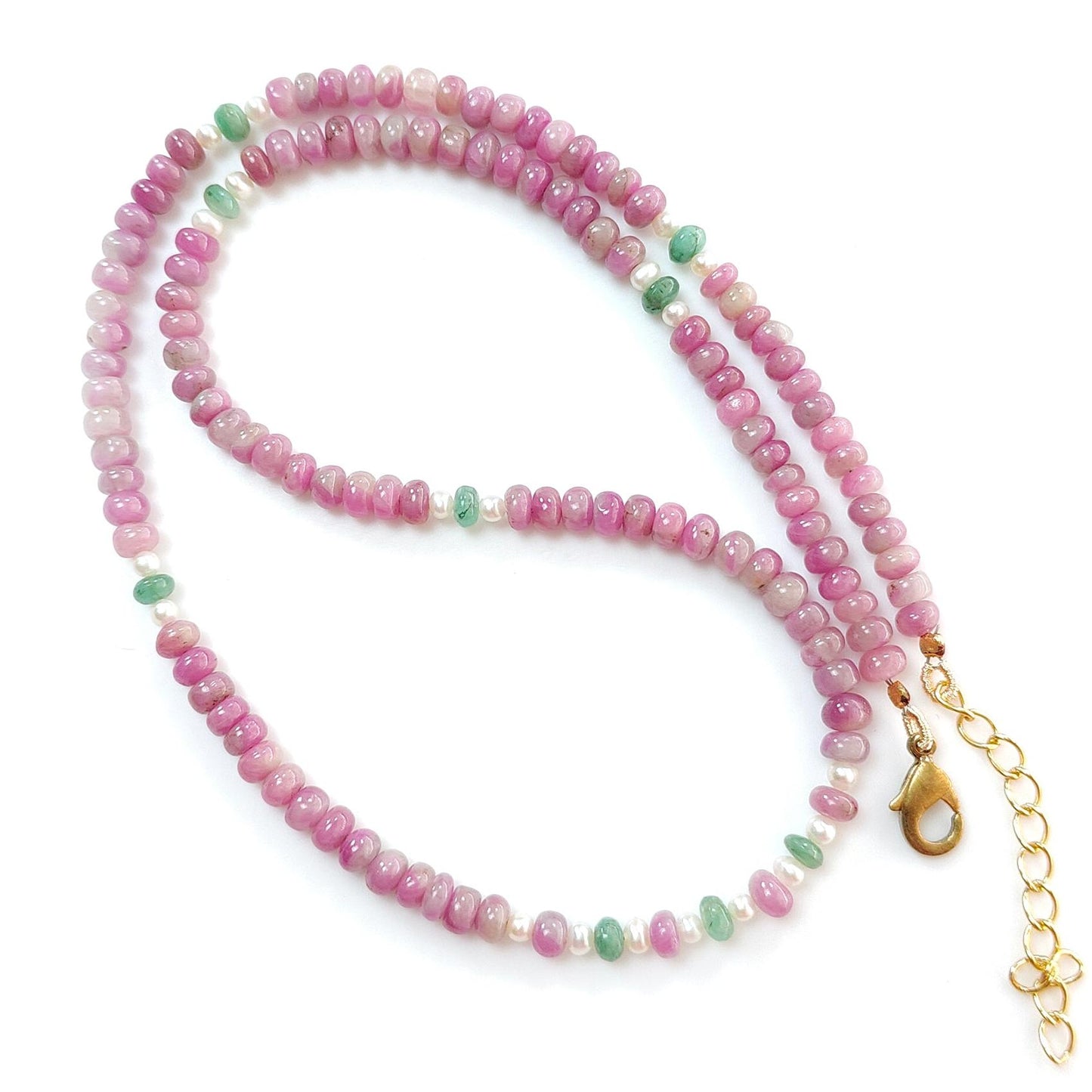 Zoisite Ruby Gemstone Beads Necklace: 19.65gms Natural Untreated Ruby, White Pearl & Emerald Plain Rondelle Brass Necklace 4.5mm - 5mm 18"