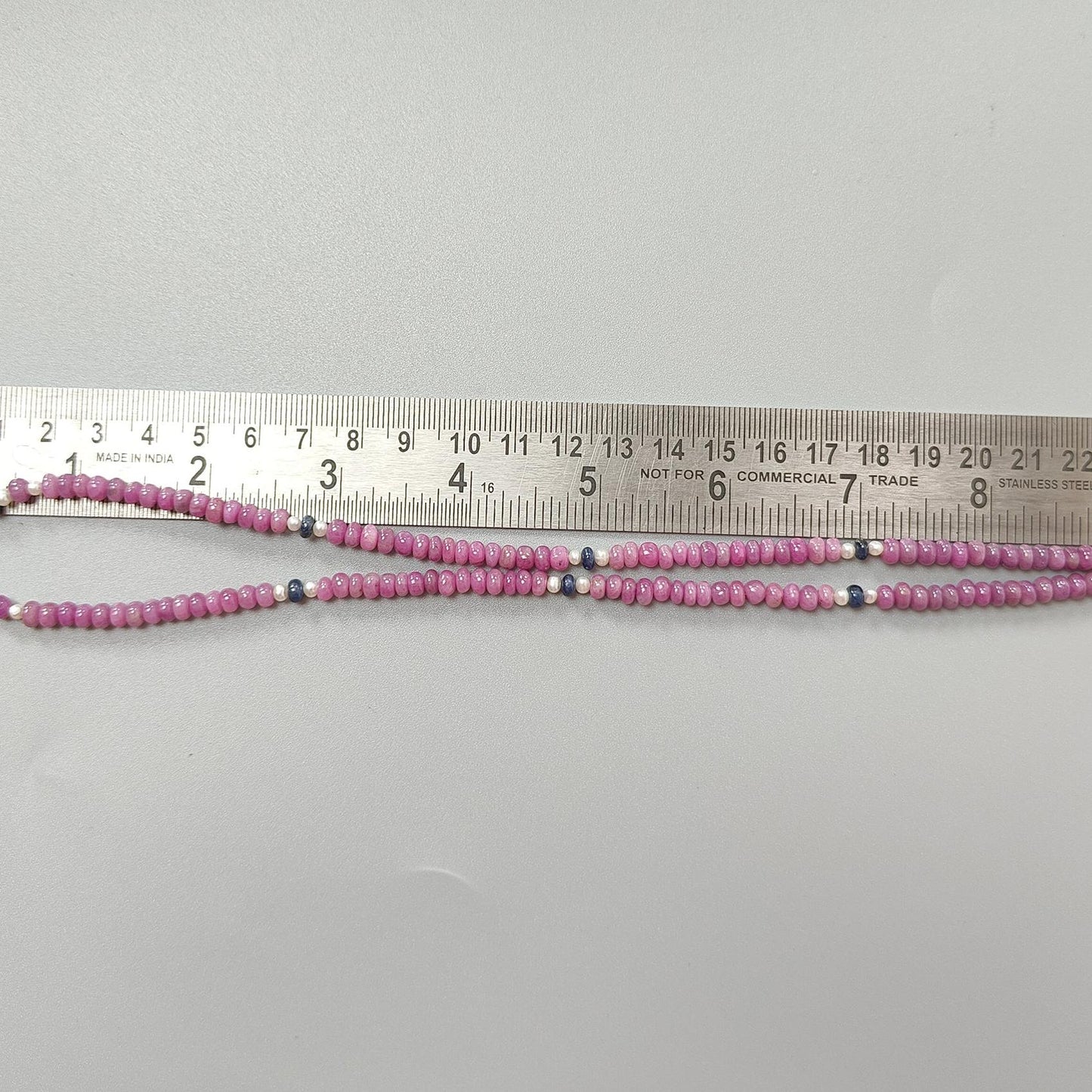 Pink Sapphire Gemstone Beads Necklace: 22.83gms Natural Ruby Pearl & Blue Sapphire Plain Rondelle Brass Necklace 4.5mm - 5mm 18"