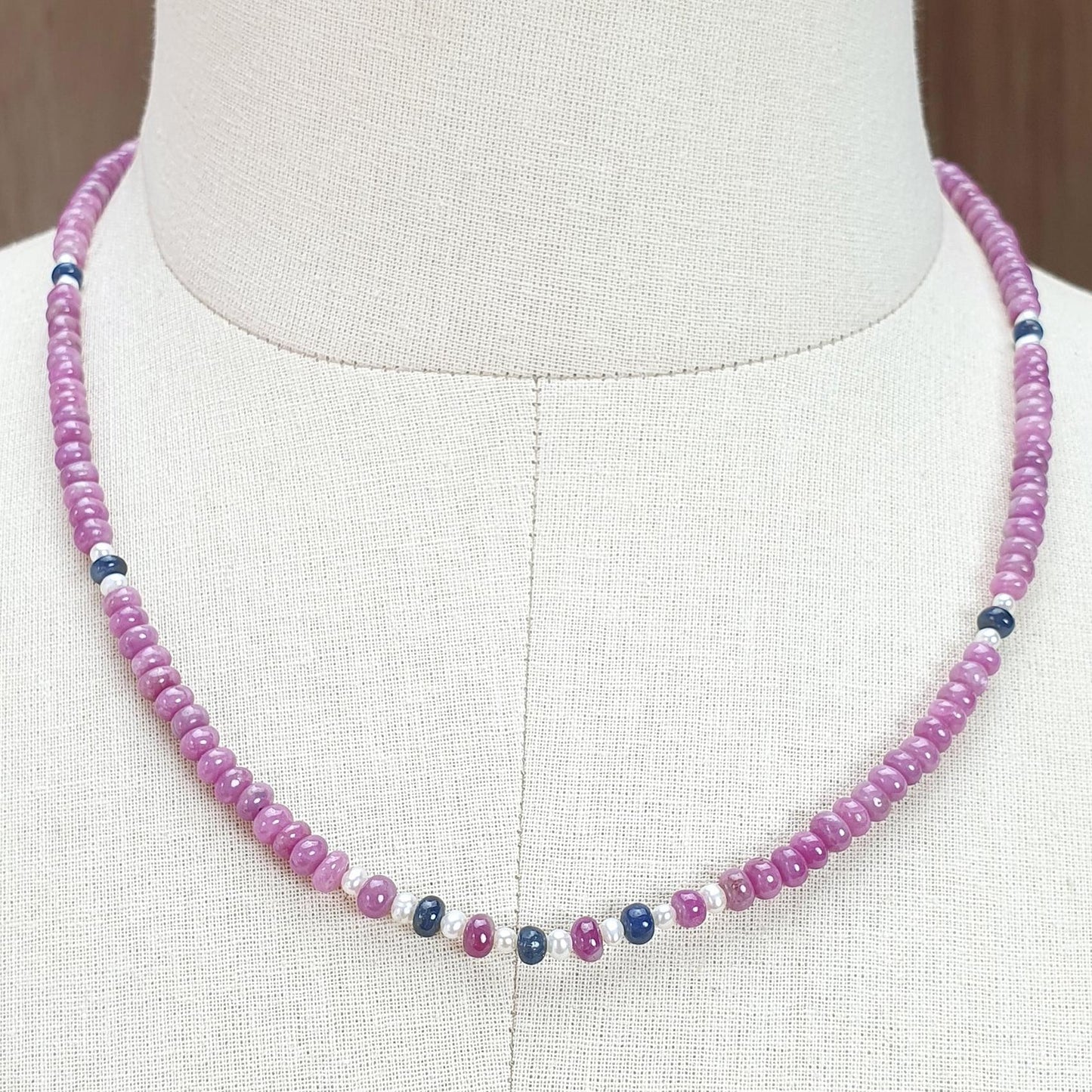 Pink Sapphire Gemstone Beads Necklace: 22.83gms Natural Ruby Pearl & Blue Sapphire Plain Rondelle Brass Necklace 4.5mm - 5mm 18"