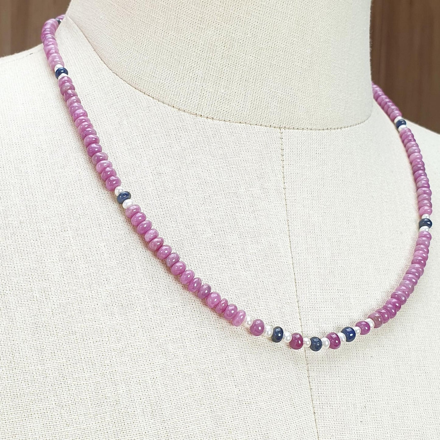 Pink Sapphire Gemstone Beads Necklace: 22.83gms Natural Ruby Pearl & Blue Sapphire Plain Rondelle Brass Necklace 4.5mm - 5mm 18"