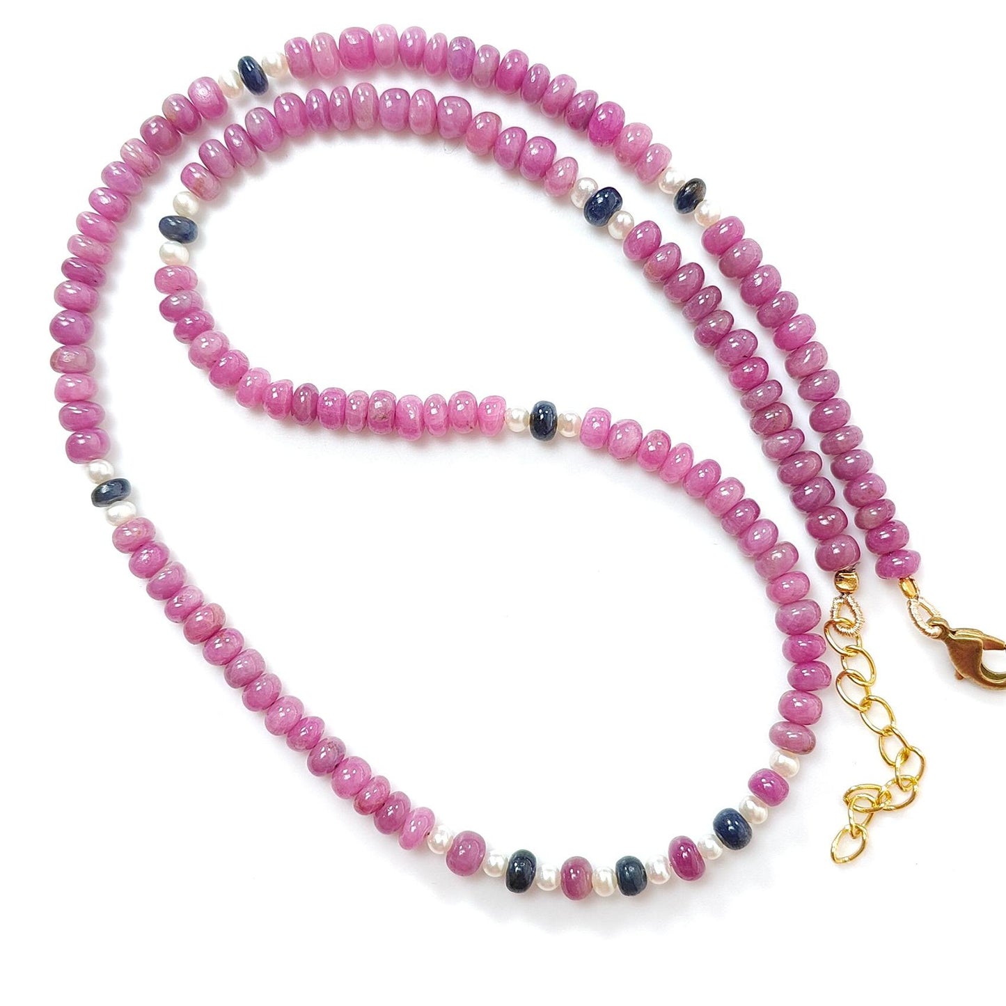 Pink Sapphire Gemstone Beads Necklace: 22.83gms Natural Ruby Pearl & Blue Sapphire Plain Rondelle Brass Necklace 4.5mm - 5mm 18"