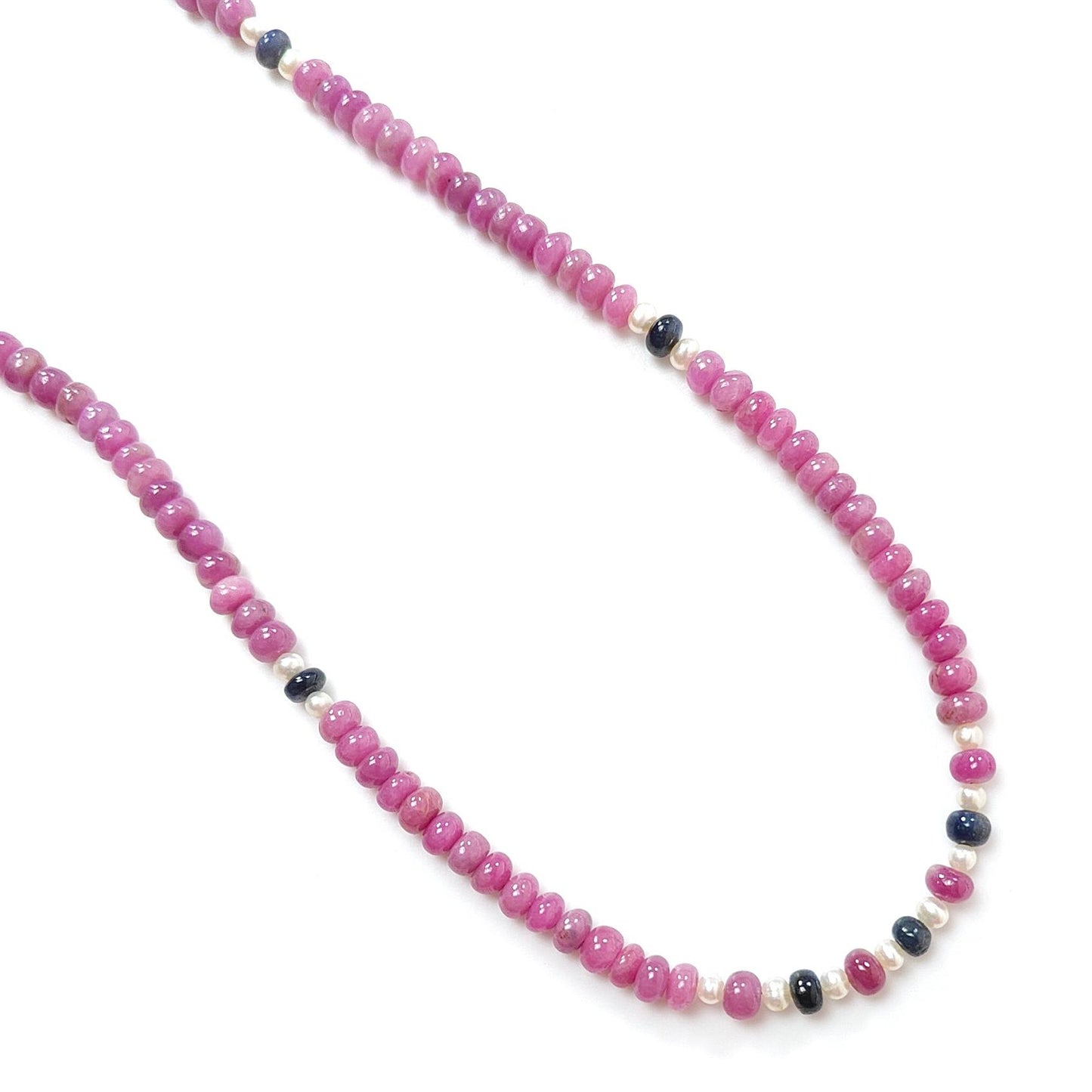 Pink Sapphire Gemstone Beads Necklace: 22.83gms Natural Ruby Pearl & Blue Sapphire Plain Rondelle Brass Necklace 4.5mm - 5mm 18"