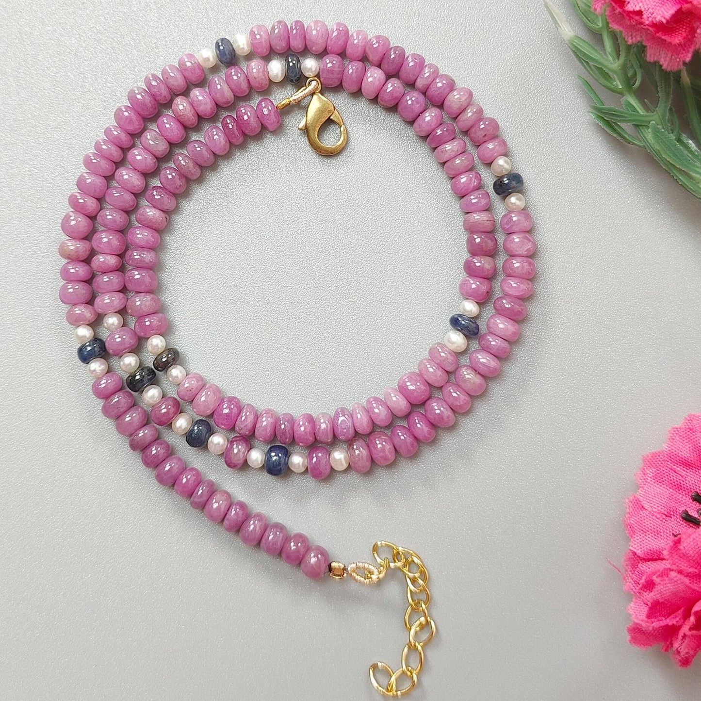 Pink Sapphire Gemstone Beads Necklace: 22.83gms Natural Ruby Pearl & Blue Sapphire Plain Rondelle Brass Necklace 4.5mm - 5mm 18"