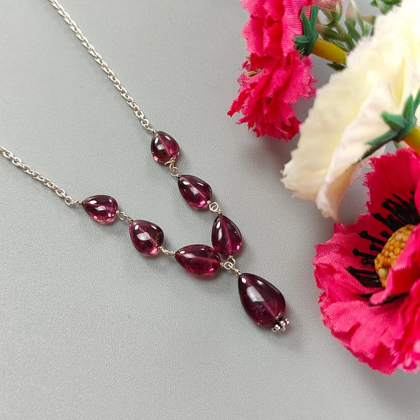 Rubellite Tourmaline Necklace: 36.00cts Natural Pink Tourmaline 925 Sterling Silver Plain Pear 8*6mm - 12*8mm 21"