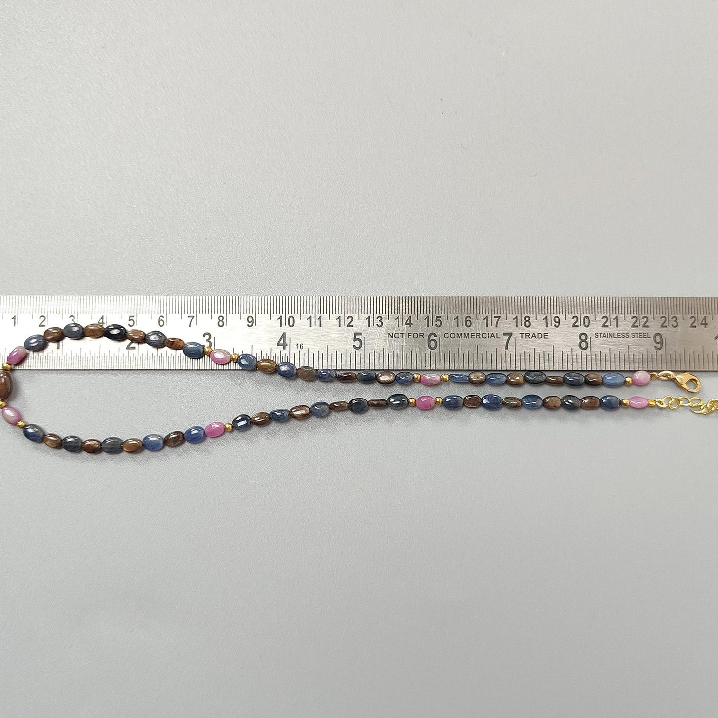 Golden, Blue & Pink Sapphire Gemstone Beads Necklace: 18.84gms Natural Untreated Sapphire Plain Oval Brass Necklace 6*5mm - 7*5mm 18"