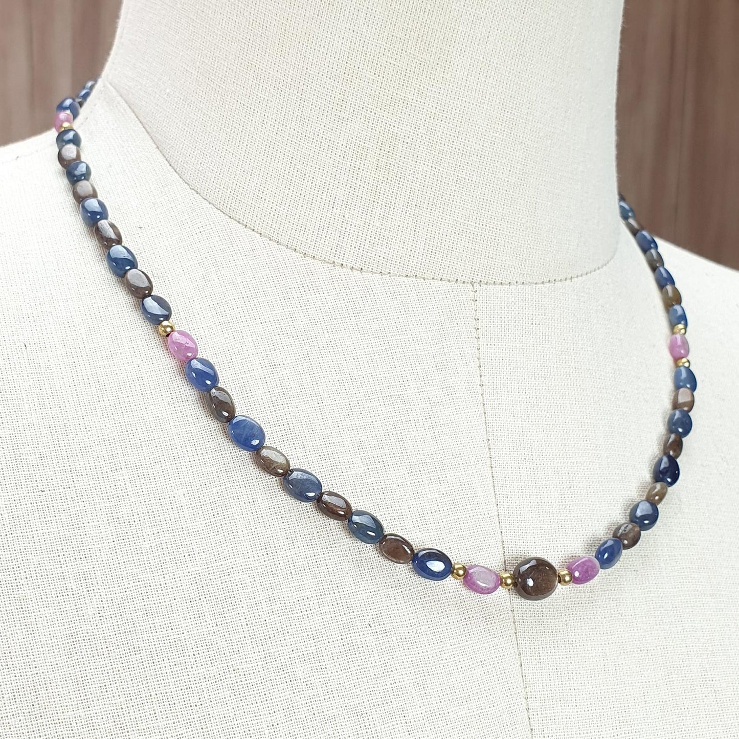 Golden, Blue & Pink Sapphire Gemstone Beads Necklace: 18.84gms Natural Untreated Sapphire Plain Oval Brass Necklace 6*5mm - 7*5mm 18"