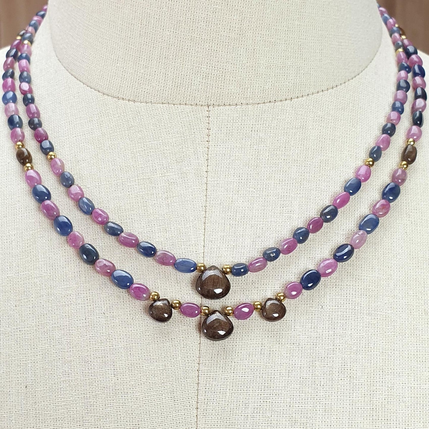 Pink, Blue & Golden Sapphire Gemstone Beads Necklace: Natural Untreated Unheated Sapphire Plain Oval Heart Shape Brass Necklace 18" 1 Strand