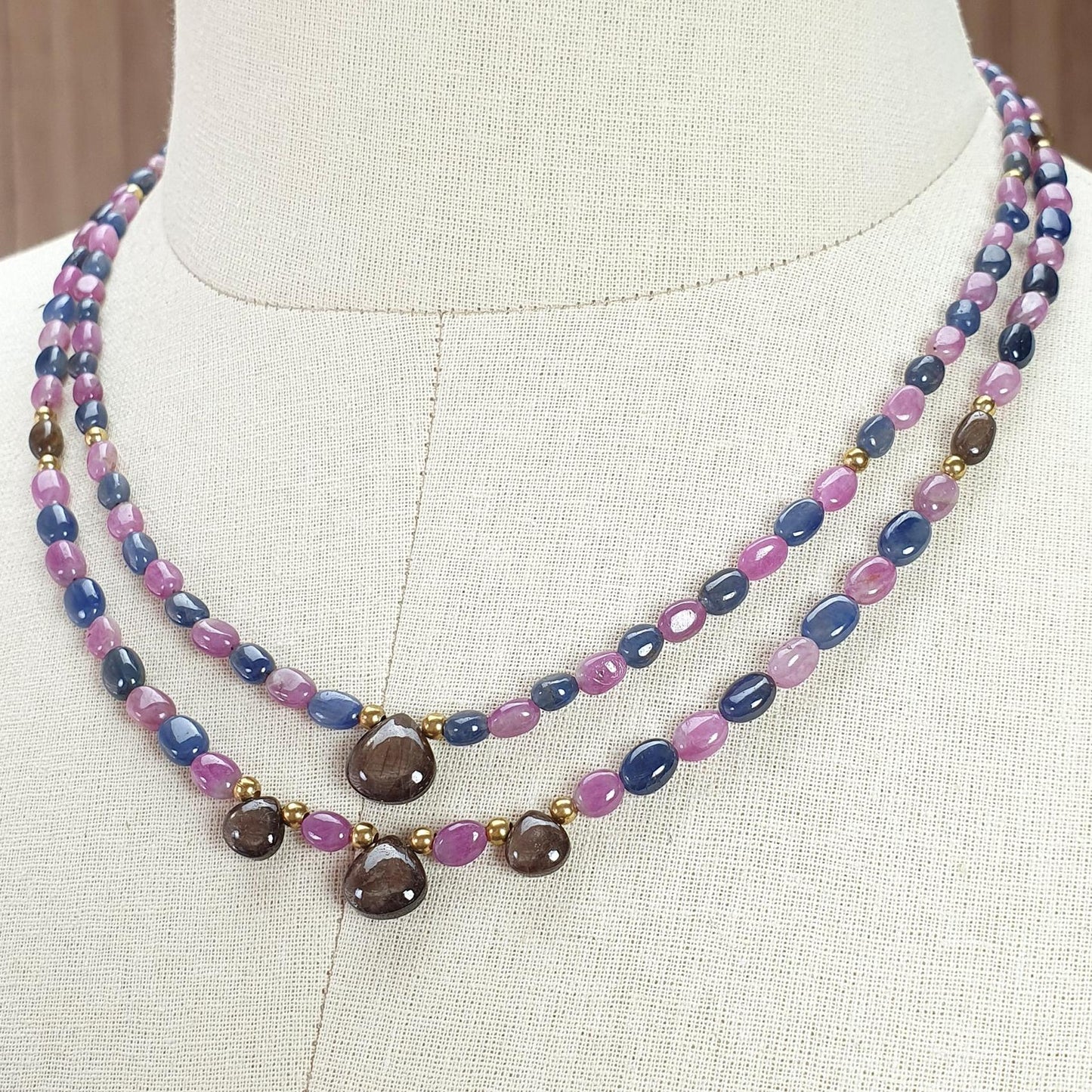 Pink, Blue & Golden Sapphire Gemstone Beads Necklace: Natural Untreated Unheated Sapphire Plain Oval Heart Shape Brass Necklace 18" 1 Strand