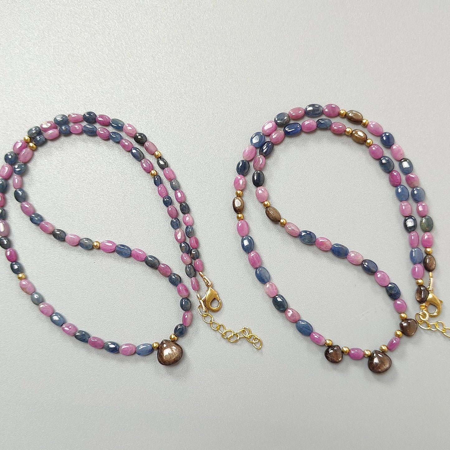 Pink, Blue & Golden Sapphire Gemstone Beads Necklace: Natural Untreated Unheated Sapphire Plain Oval Heart Shape Brass Necklace 18" 1 Strand
