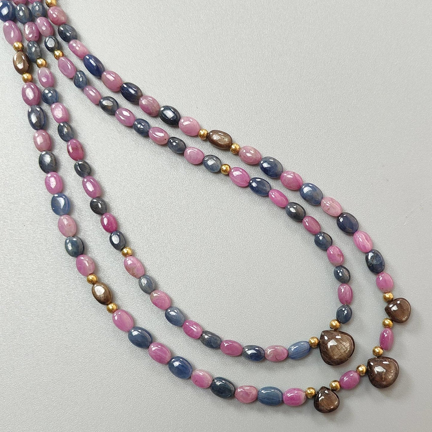 Pink, Blue & Golden Sapphire Gemstone Beads Necklace: Natural Untreated Unheated Sapphire Plain Oval Heart Shape Brass Necklace 18" 1 Strand