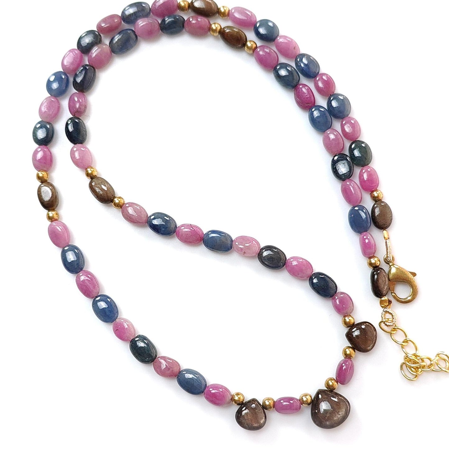 Pink, Blue & Golden Sapphire Gemstone Beads Necklace: Natural Untreated Unheated Sapphire Plain Oval Heart Shape Brass Necklace 18" 1 Strand