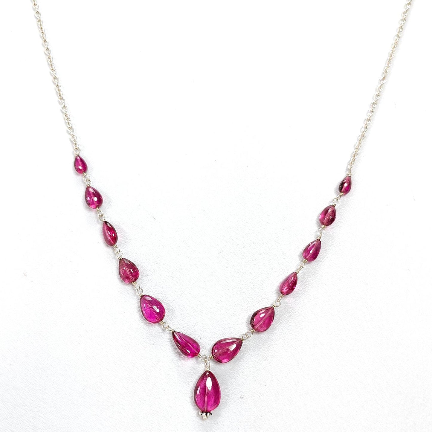 Rubellite Tourmaline Beads Chain Necklace: 37.40cts Natural Untreated Pink Tourmaline 925 Sterling Silver Plain Pear 5*4mm - 11*8mm 21"