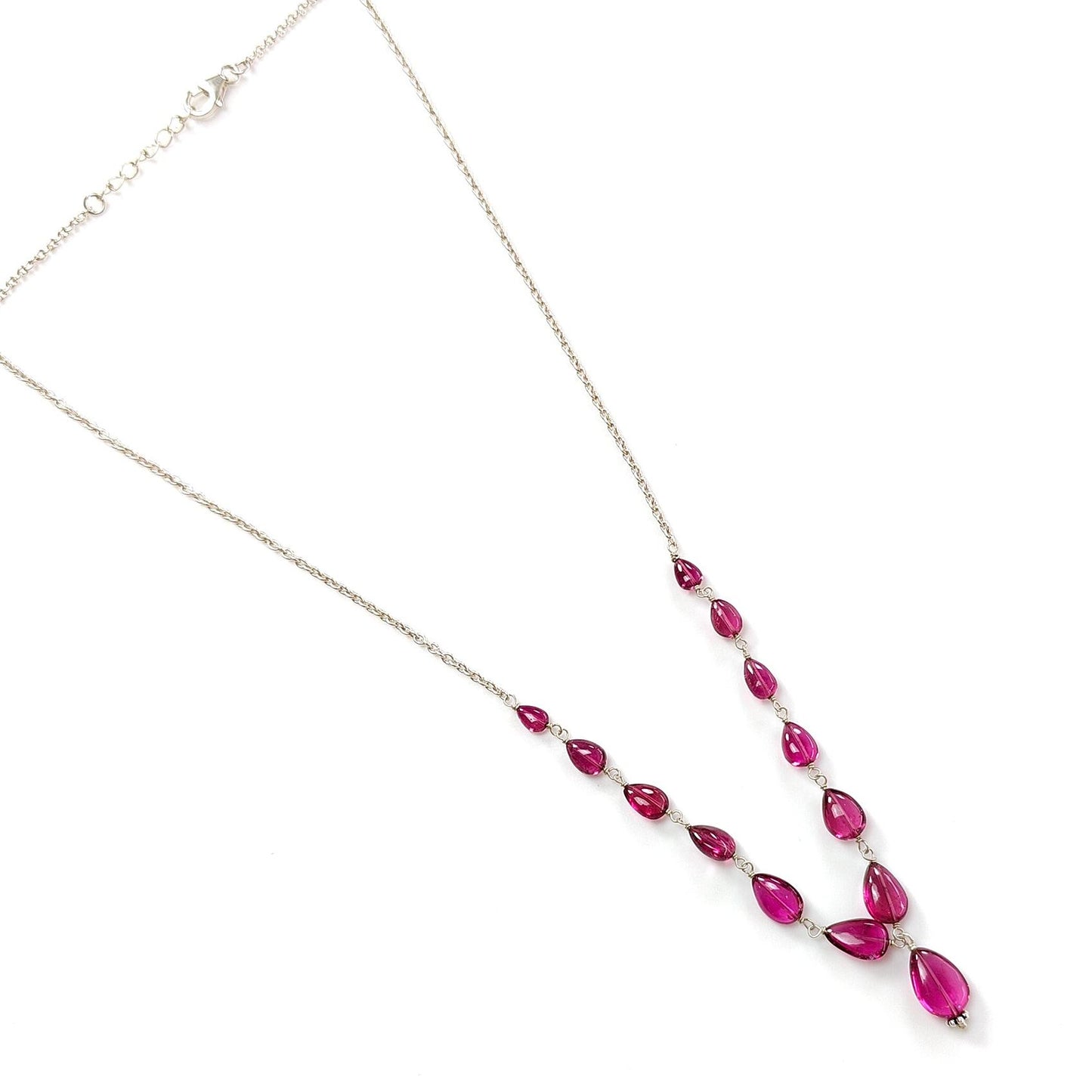 Rubellite Tourmaline Beads Chain Necklace: 37.40cts Natural Untreated Pink Tourmaline 925 Sterling Silver Plain Pear 5*4mm - 11*8mm 21"