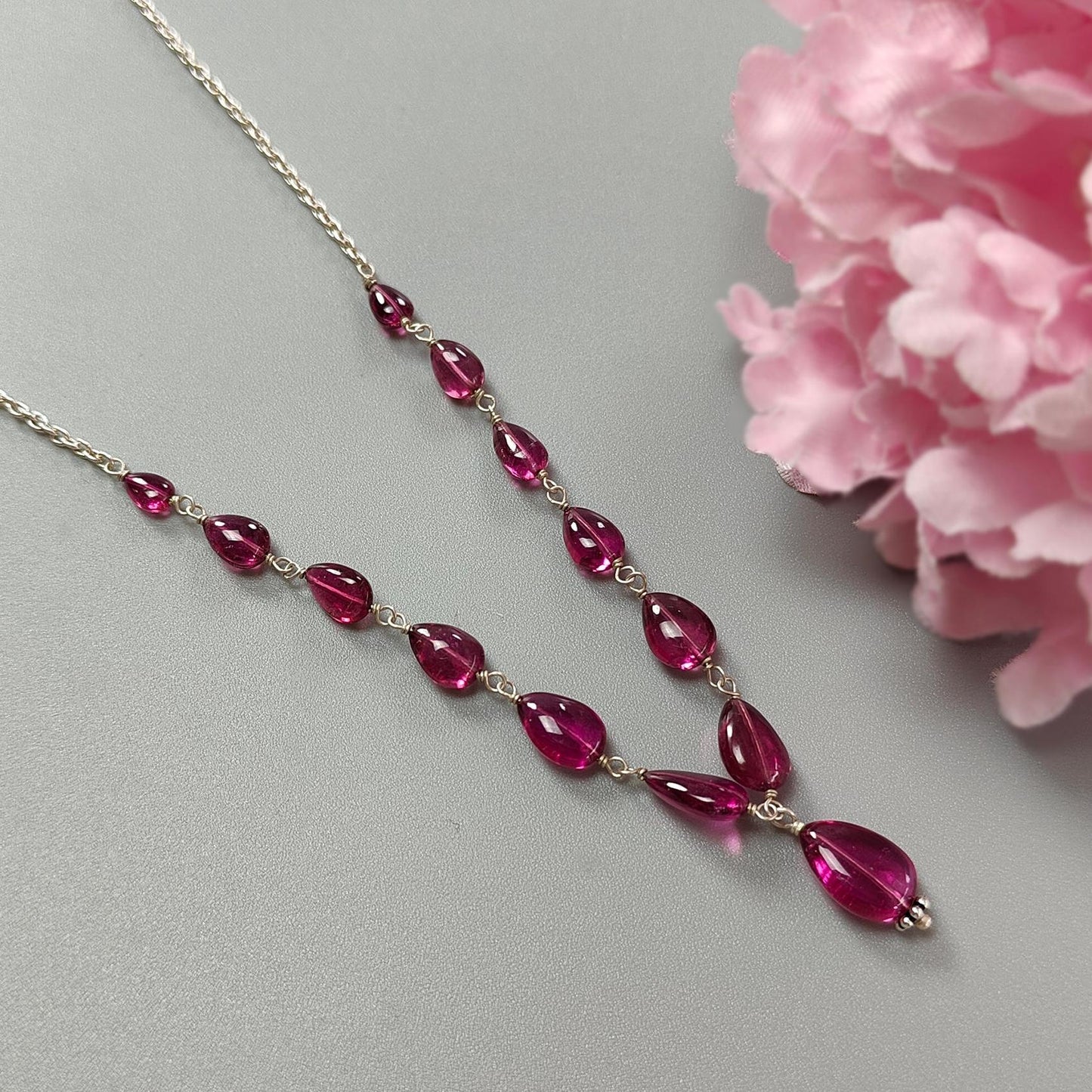 Rubellite Tourmaline Beads Chain Necklace: 37.40cts Natural Untreated Pink Tourmaline 925 Sterling Silver Plain Pear 5*4mm - 11*8mm 21"