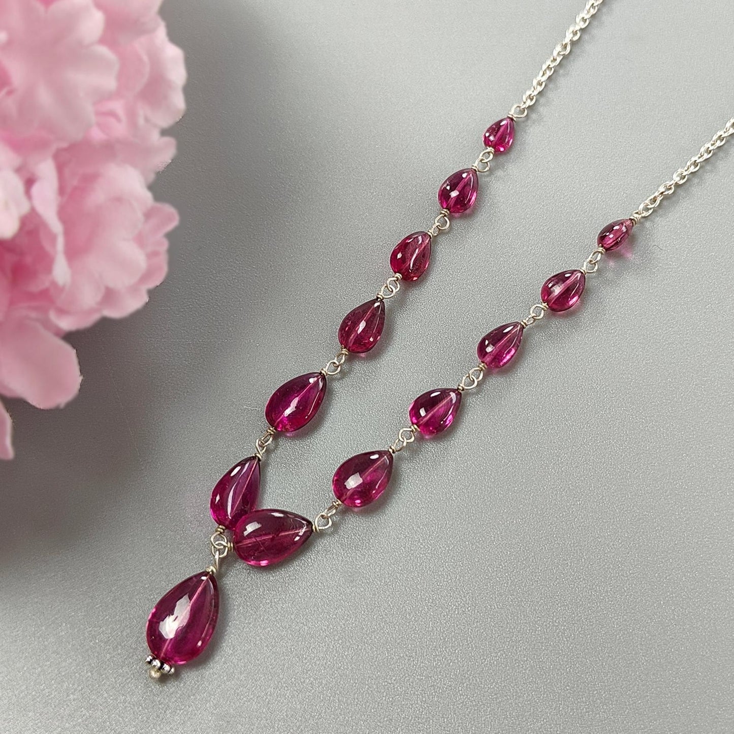 Rubellite Tourmaline Beads Chain Necklace: 37.40cts Natural Untreated Pink Tourmaline 925 Sterling Silver Plain Pear 5*4mm - 11*8mm 21"