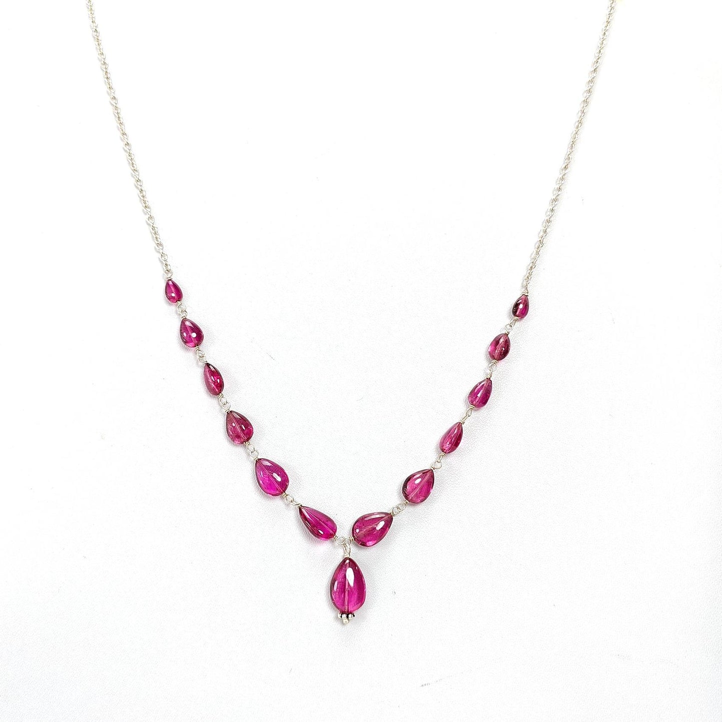 Rubellite Tourmaline Beads Chain Necklace: 37.40cts Natural Untreated Pink Tourmaline 925 Sterling Silver Plain Pear 5*4mm - 11*8mm 21"