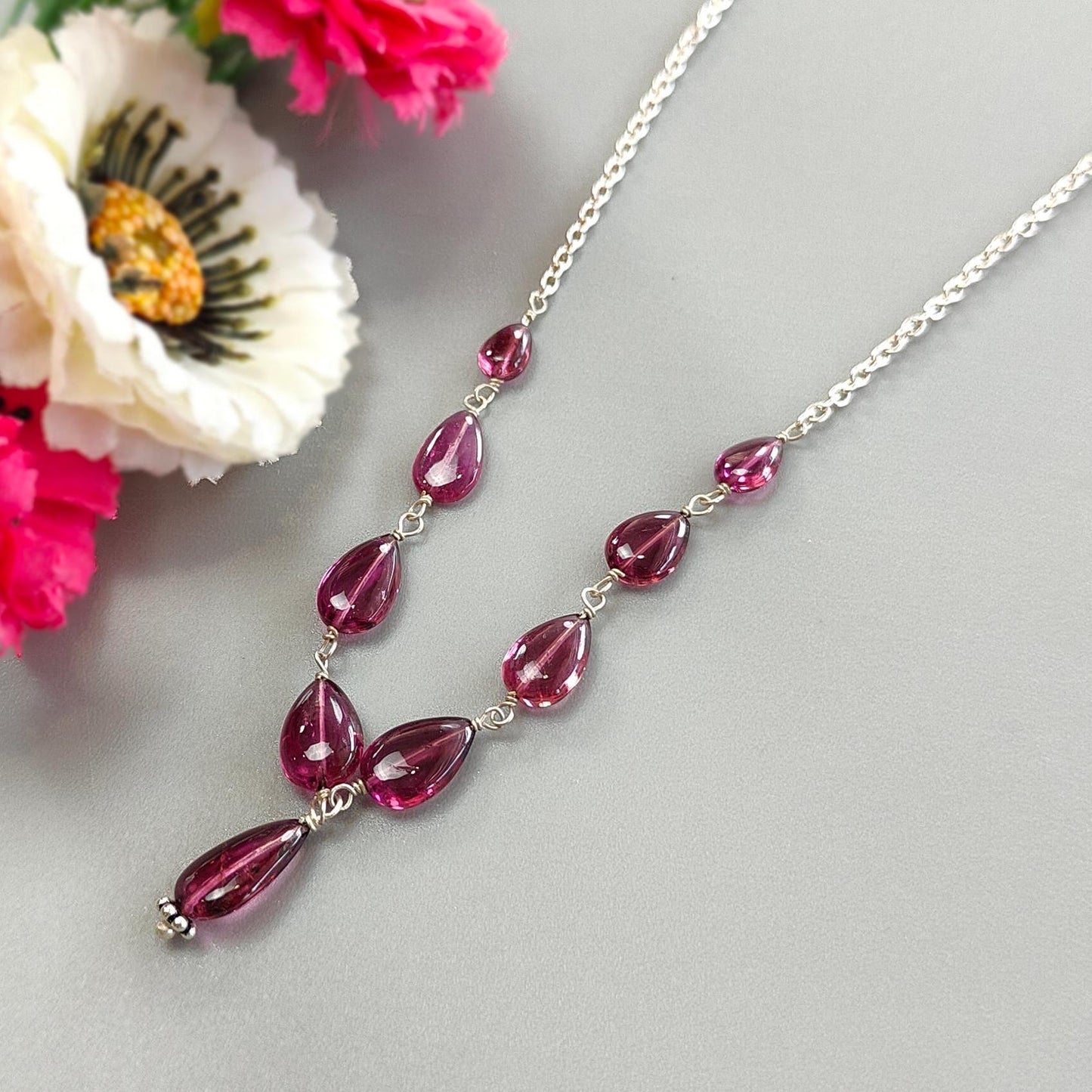 Rubellite Tourmaline Beads Chain Necklace: 31.95cts Natural Untreated Pink Tourmaline 925 Sterling Silver Plain Pear 6*5mm -11*7mm 20"