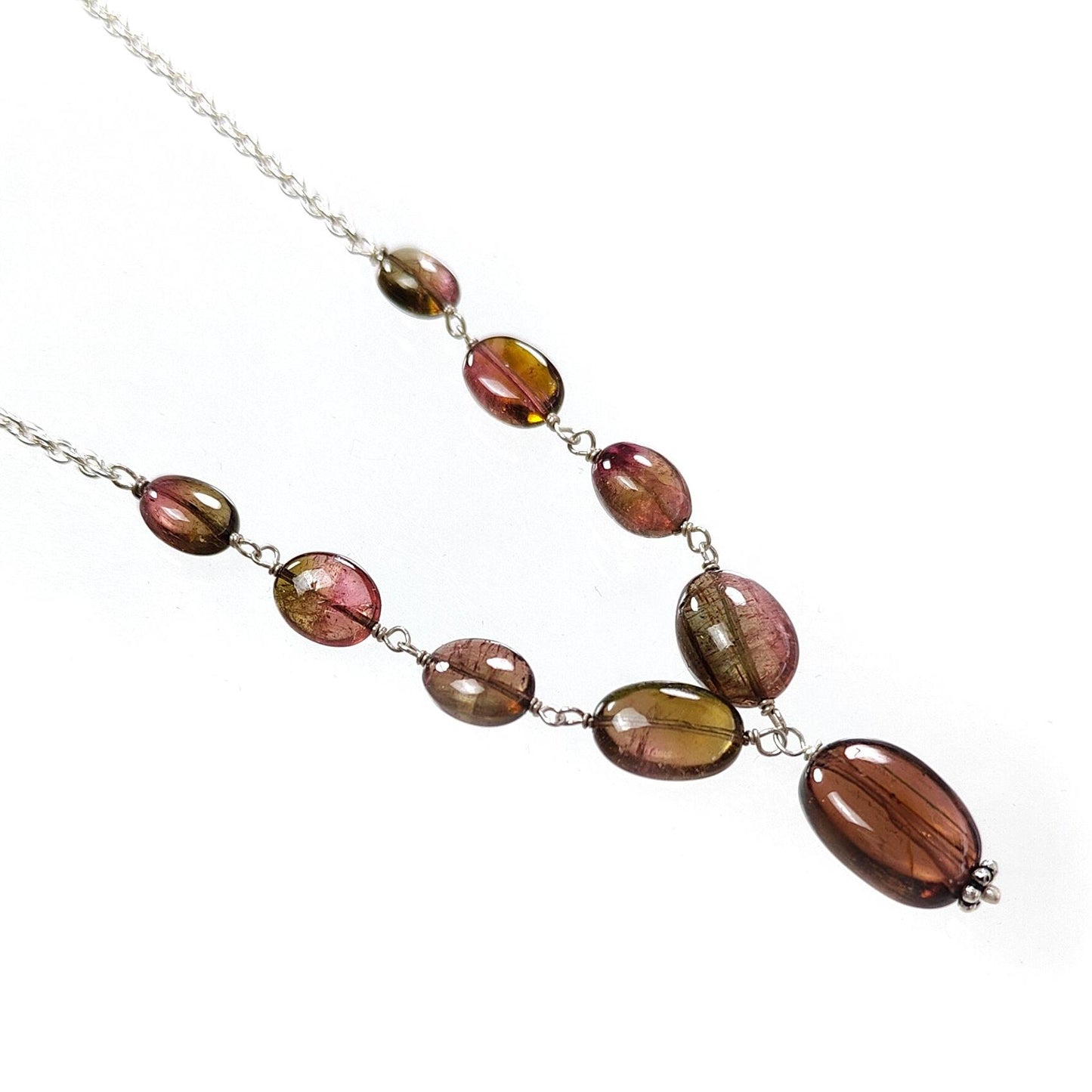 Watermelon Tourmaline Chain Necklace: 42.35cts Natural Untreated Tourmaline 925 Sterling Silver Plain Oval 7*6.5mm - 13*9mm 20"