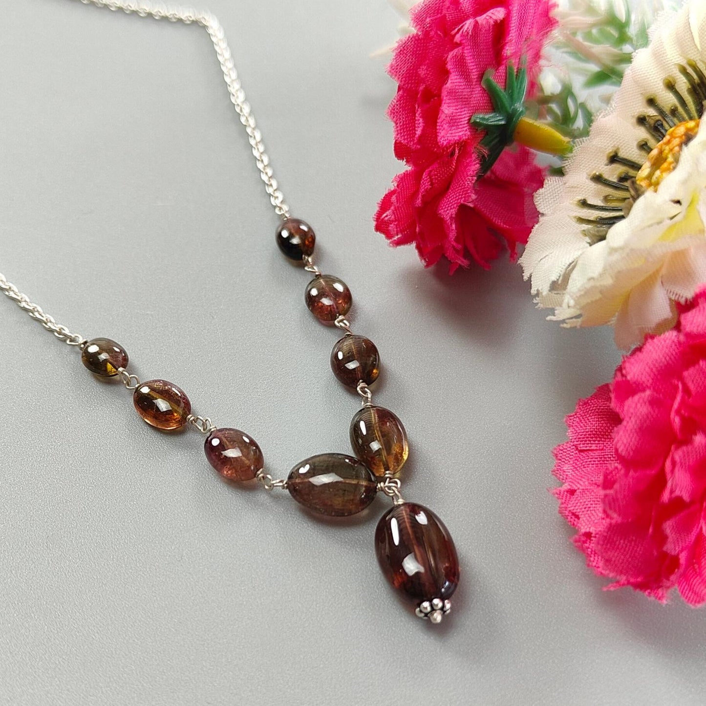 Watermelon Tourmaline Chain Necklace: 42.35cts Natural Untreated Tourmaline 925 Sterling Silver Plain Oval 7*6.5mm - 13*9mm 20"