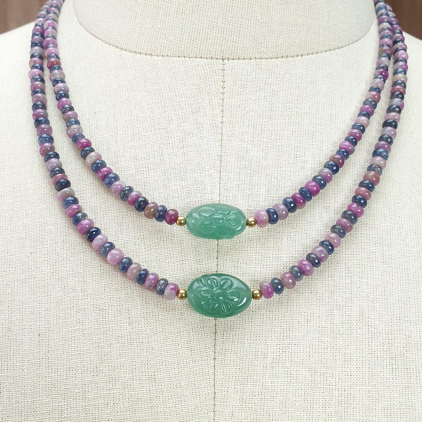 Zoisite Ruby & Blue Sapphire Gemstone Beads Necklace: Natural Untreated Ruby, Green Quartzite Plain Rondelle Brass Necklace 18" 1 Strand