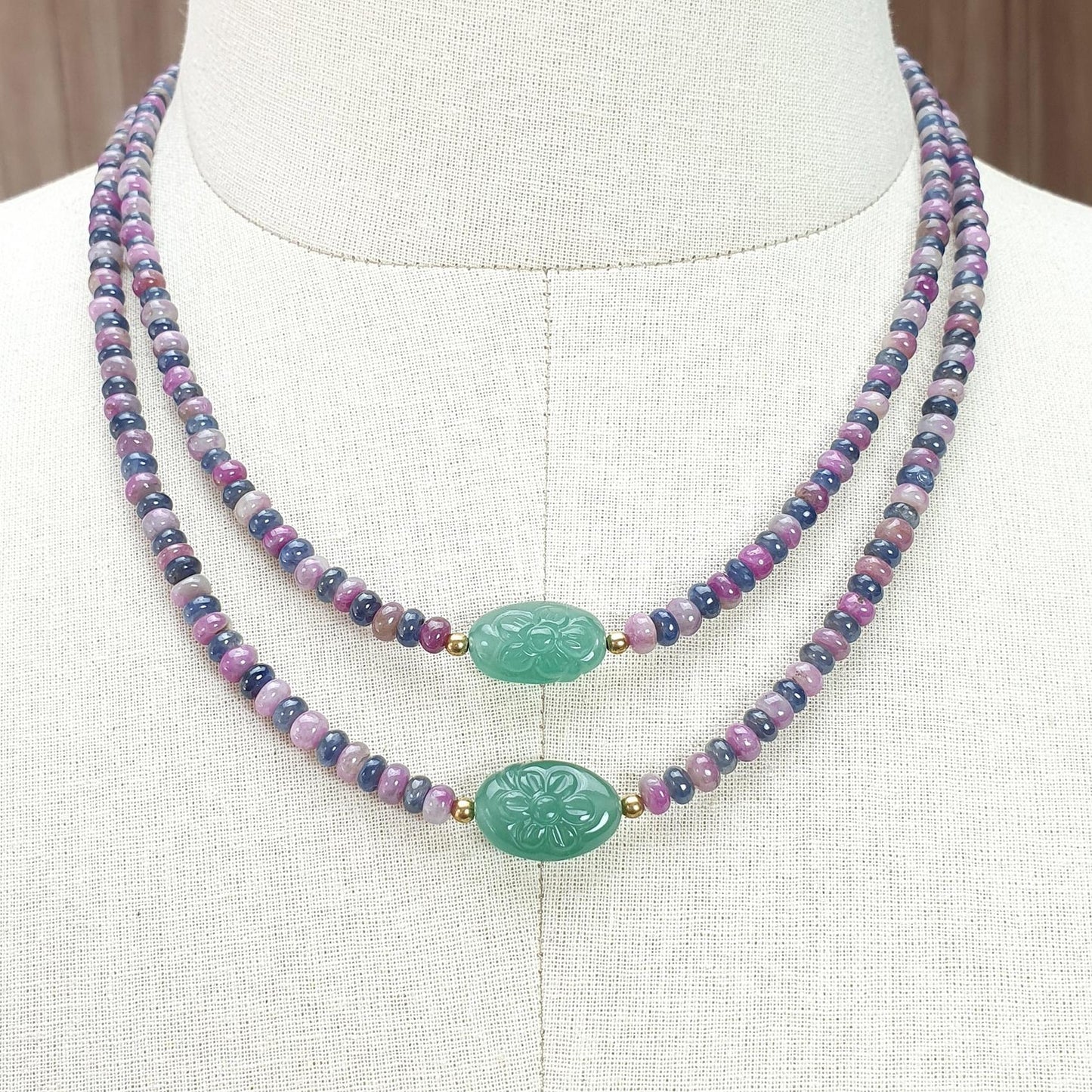Zoisite Ruby & Blue Sapphire Gemstone Beads Necklace: Natural Untreated Ruby, Green Quartzite Plain Rondelle Brass Necklace 18" 1 Strand
