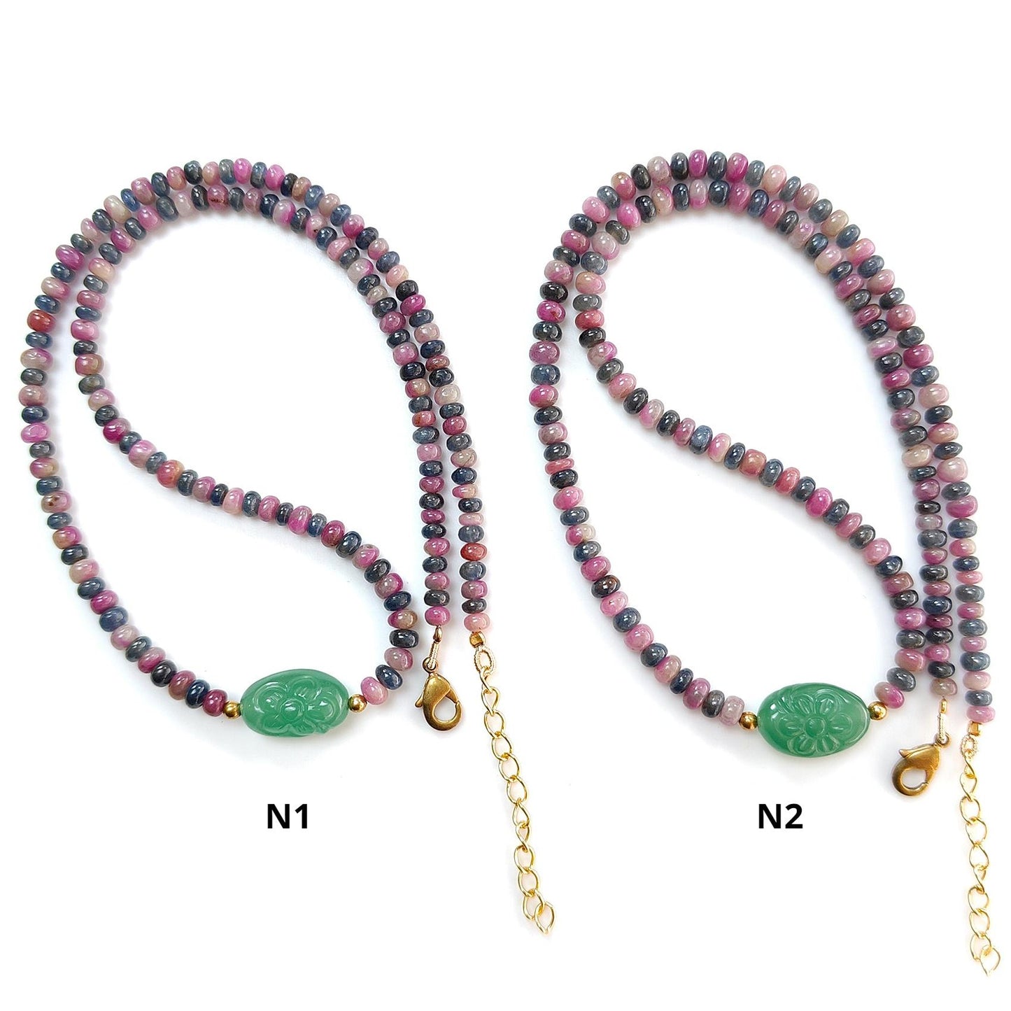 Zoisite Ruby & Blue Sapphire Gemstone Beads Necklace: Natural Untreated Ruby, Green Quartzite Plain Rondelle Brass Necklace 18" 1 Strand