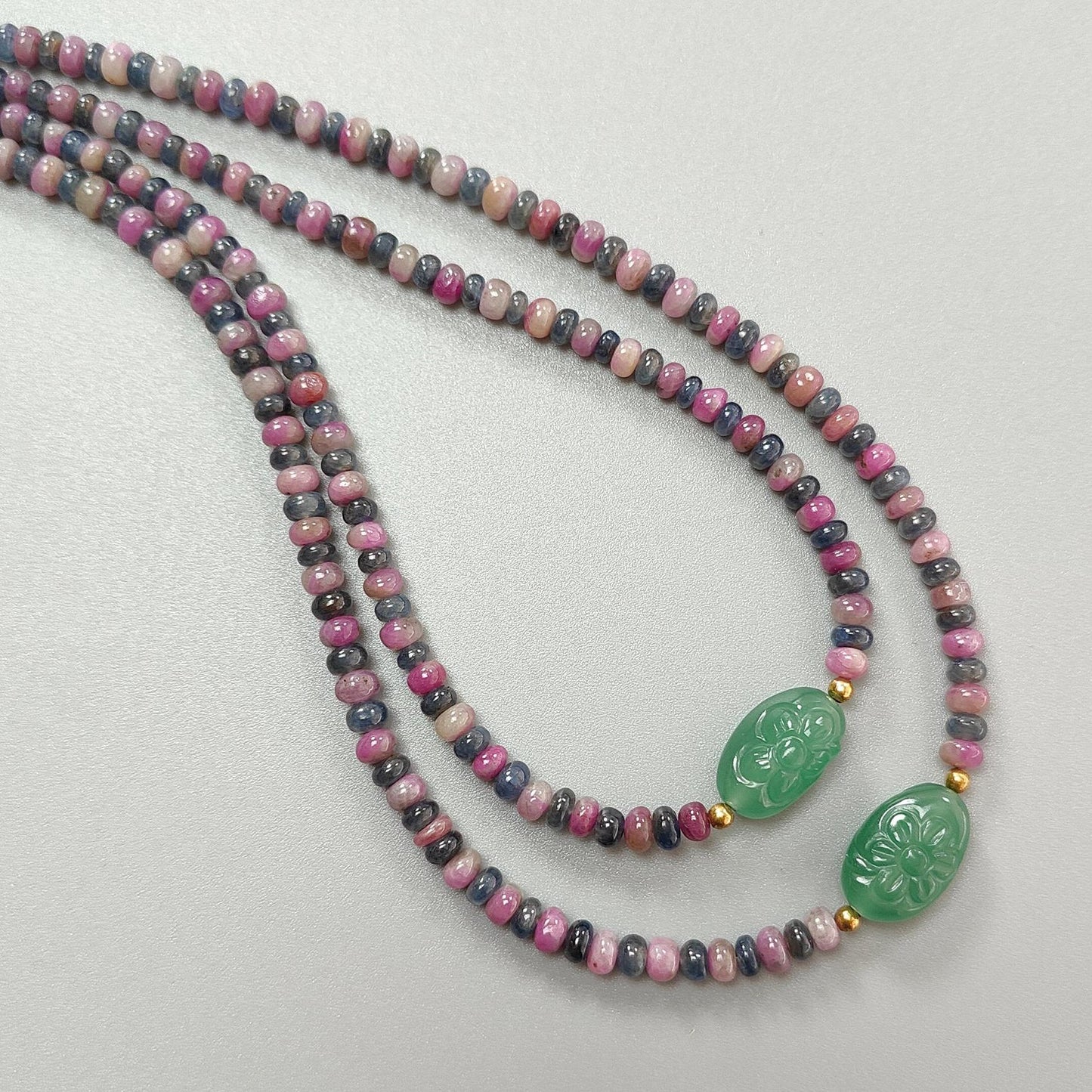 Zoisite Ruby & Blue Sapphire Gemstone Beads Necklace: Natural Untreated Ruby, Green Quartzite Plain Rondelle Brass Necklace 18" 1 Strand