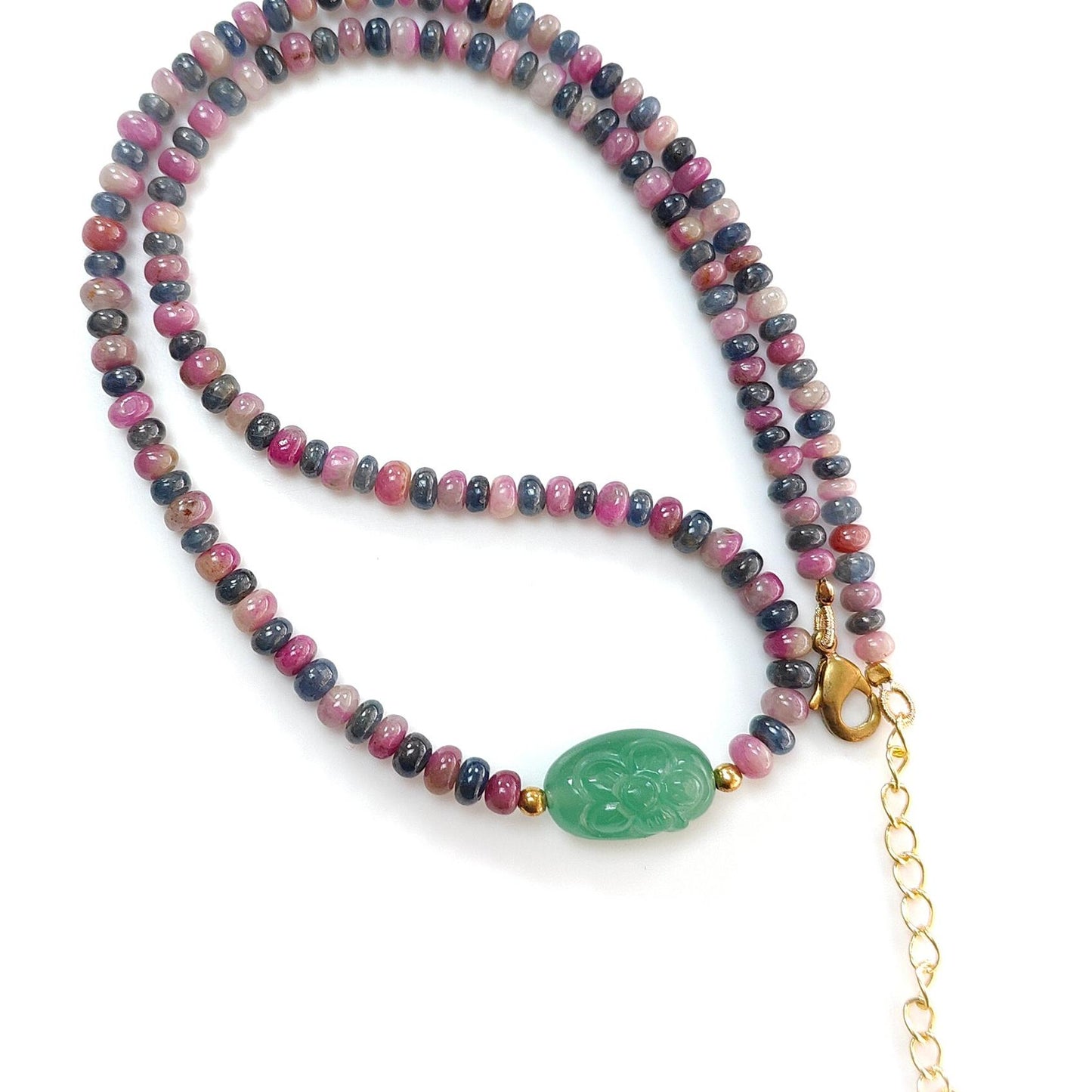 Zoisite Ruby & Blue Sapphire Gemstone Beads Necklace: Natural Untreated Ruby, Green Quartzite Plain Rondelle Brass Necklace 18" 1 Strand