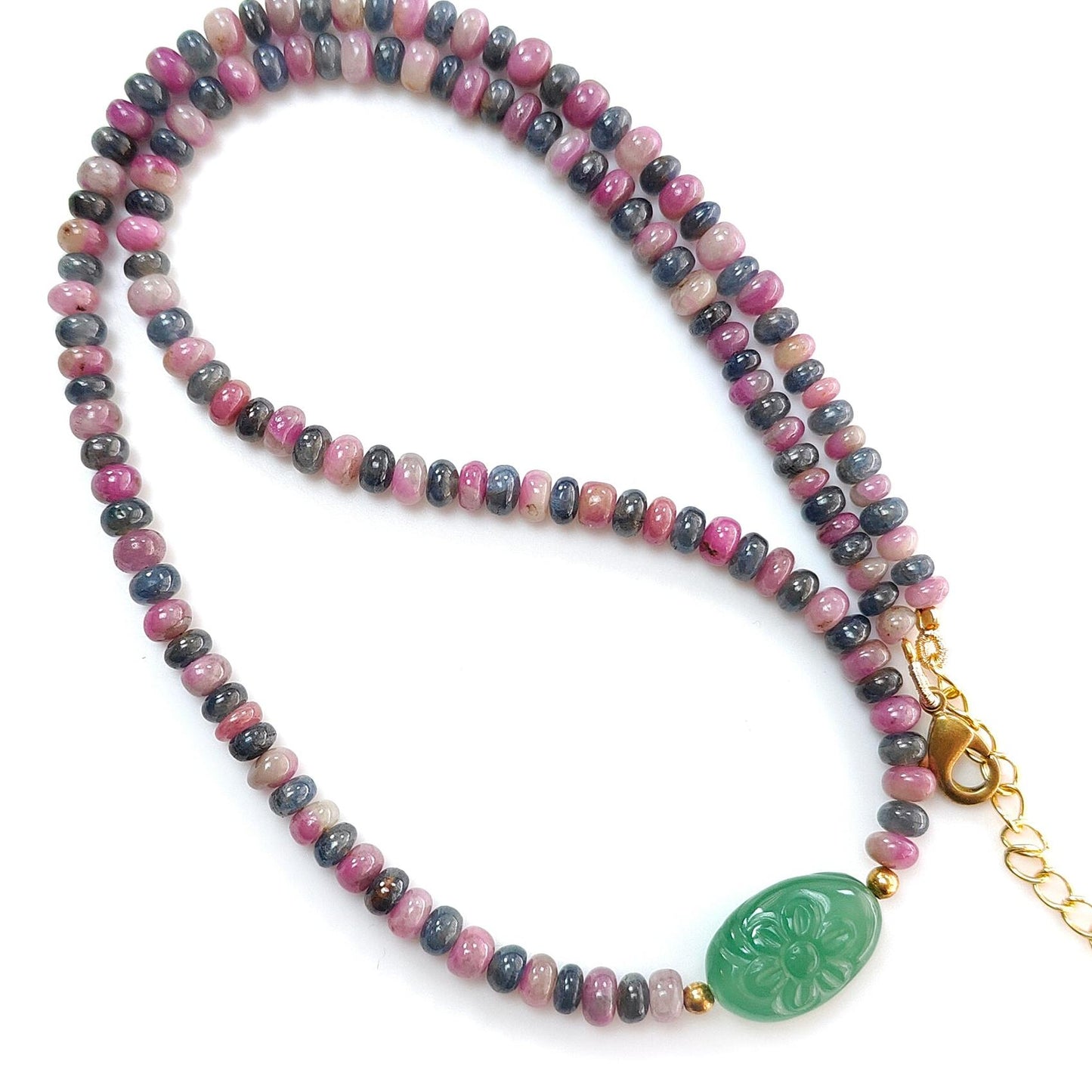 Zoisite Ruby & Blue Sapphire Gemstone Beads Necklace: Natural Untreated Ruby, Green Quartzite Plain Rondelle Brass Necklace 18" 1 Strand