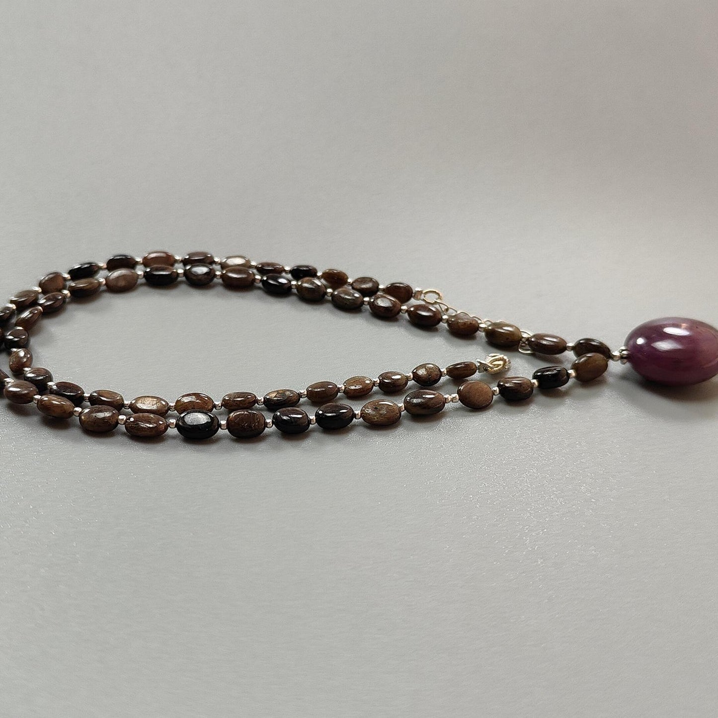 Golden Chocolate Sapphire Gemstone Beads Necklace: 29.10gms Natural Ruby, Sapphire Plain Oval 925 Silver Necklace 6*5mm - 8*6mm 22"