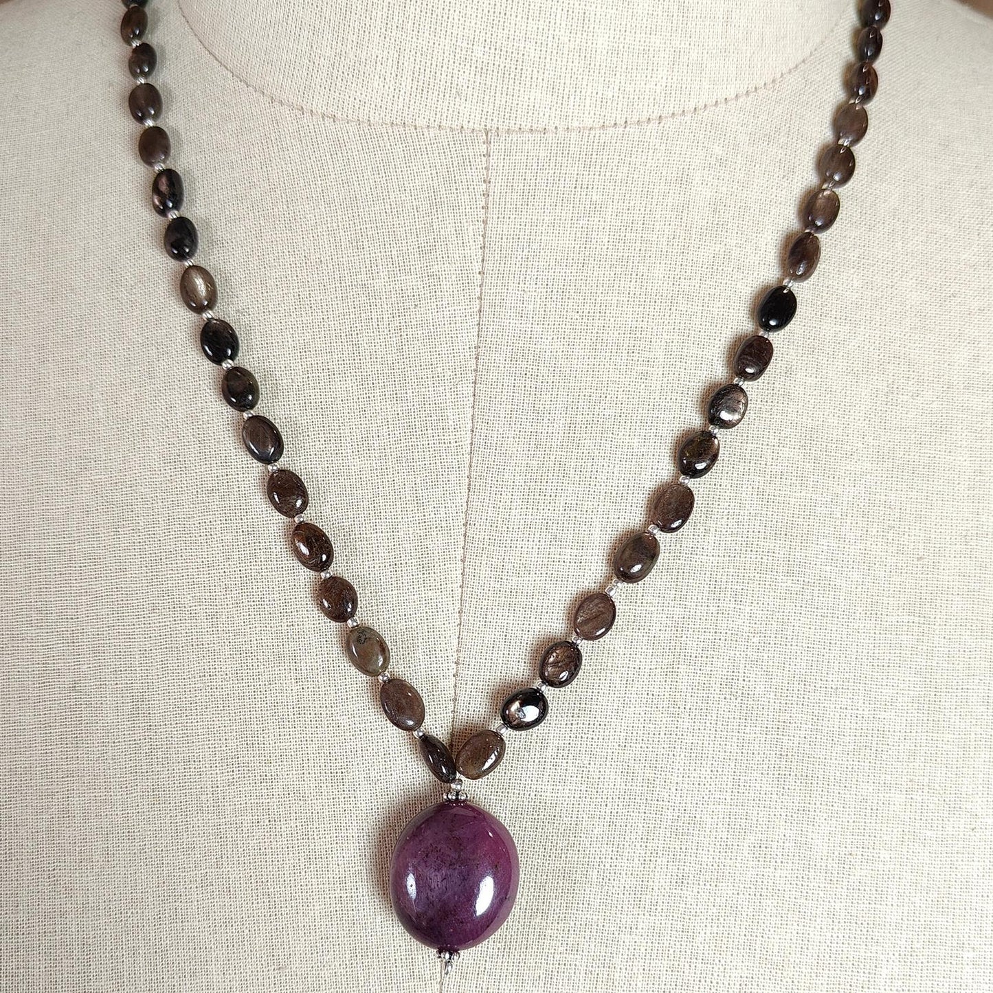Golden Chocolate Sapphire Gemstone Beads Necklace: 29.10gms Natural Ruby, Sapphire Plain Oval 925 Silver Necklace 6*5mm - 8*6mm 22"