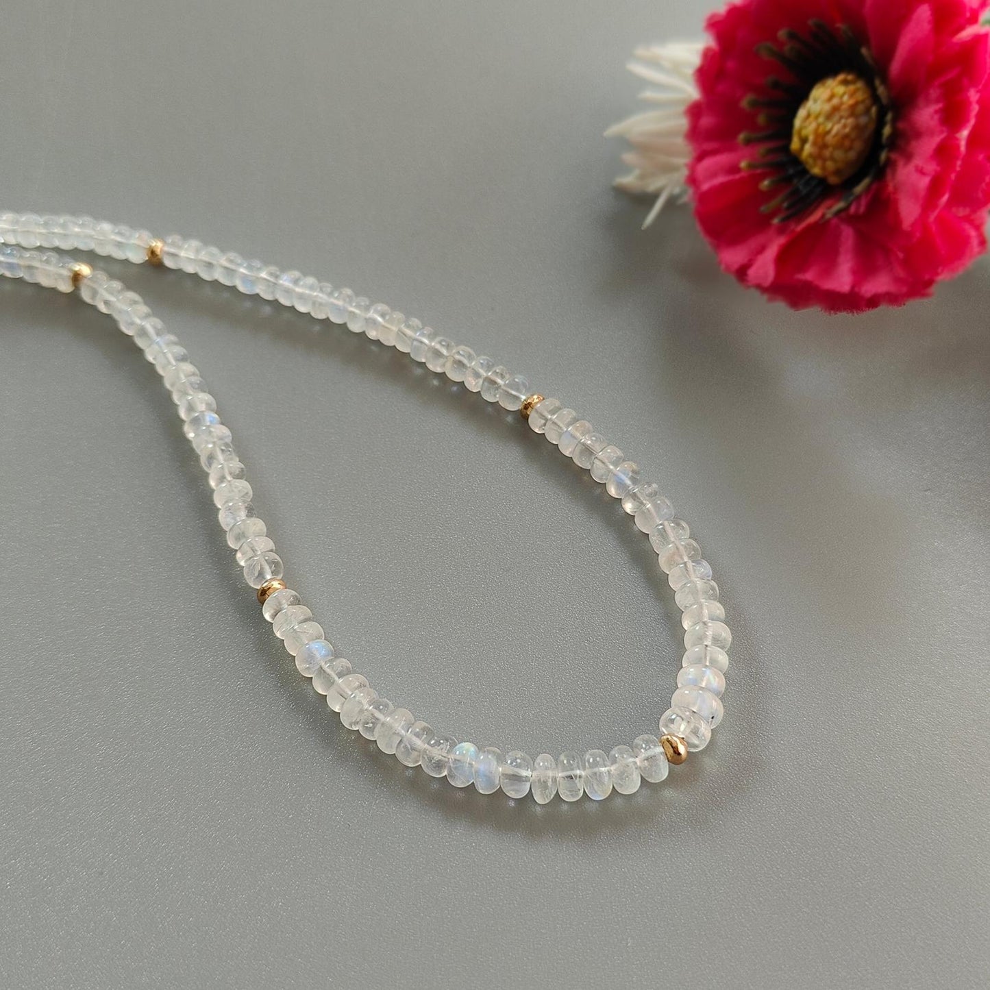 Rainbow Moonstone Gemstone Beads Necklace: 13.88gms Natural Moonstone Plain Rondelle Brass Necklace 16.5" Necklace June Birthstone