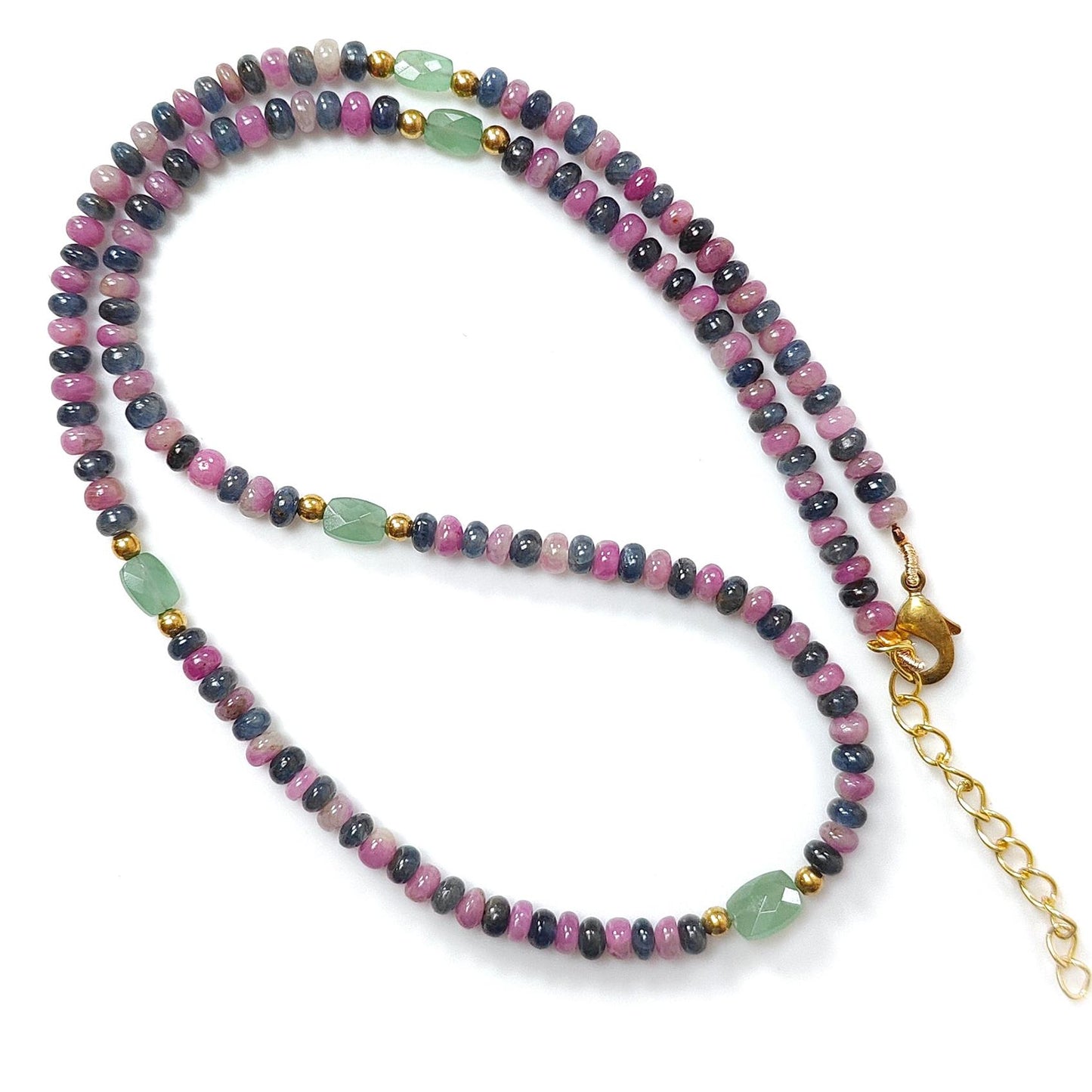 Zoisite Ruby & Blue Sapphire Gemstone Beads Necklace: Natural Untreated Ruby, Green Quartzite Plain Rondelle Brass Necklace 18" 1 Strand